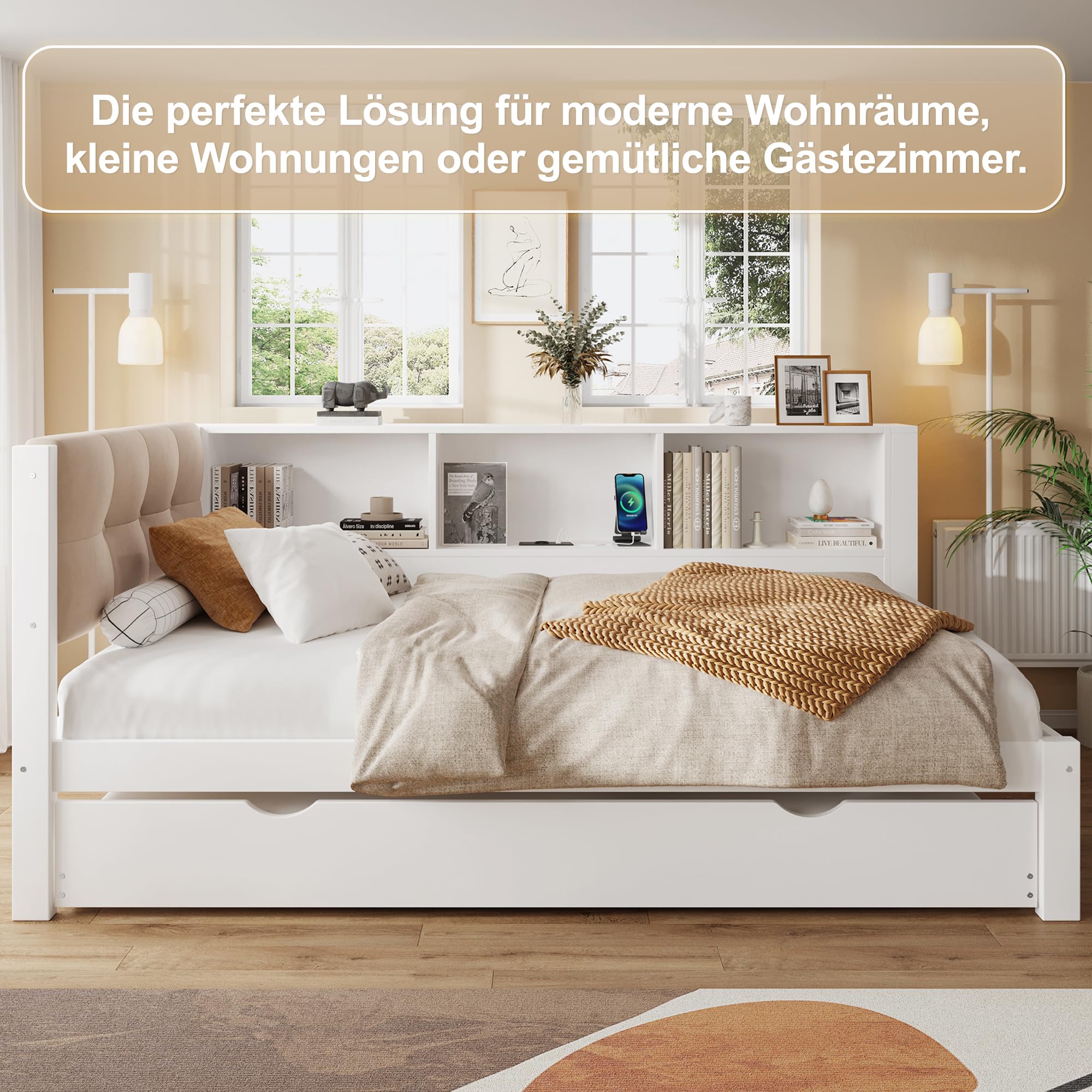 Divano letto, letto da giorno, divano letto, letto singolo, con letto estraibile, con striscia LED regolabile, con pratico ripiano, con presa USB, 90x200 cm, legno di pino (senza materasso)