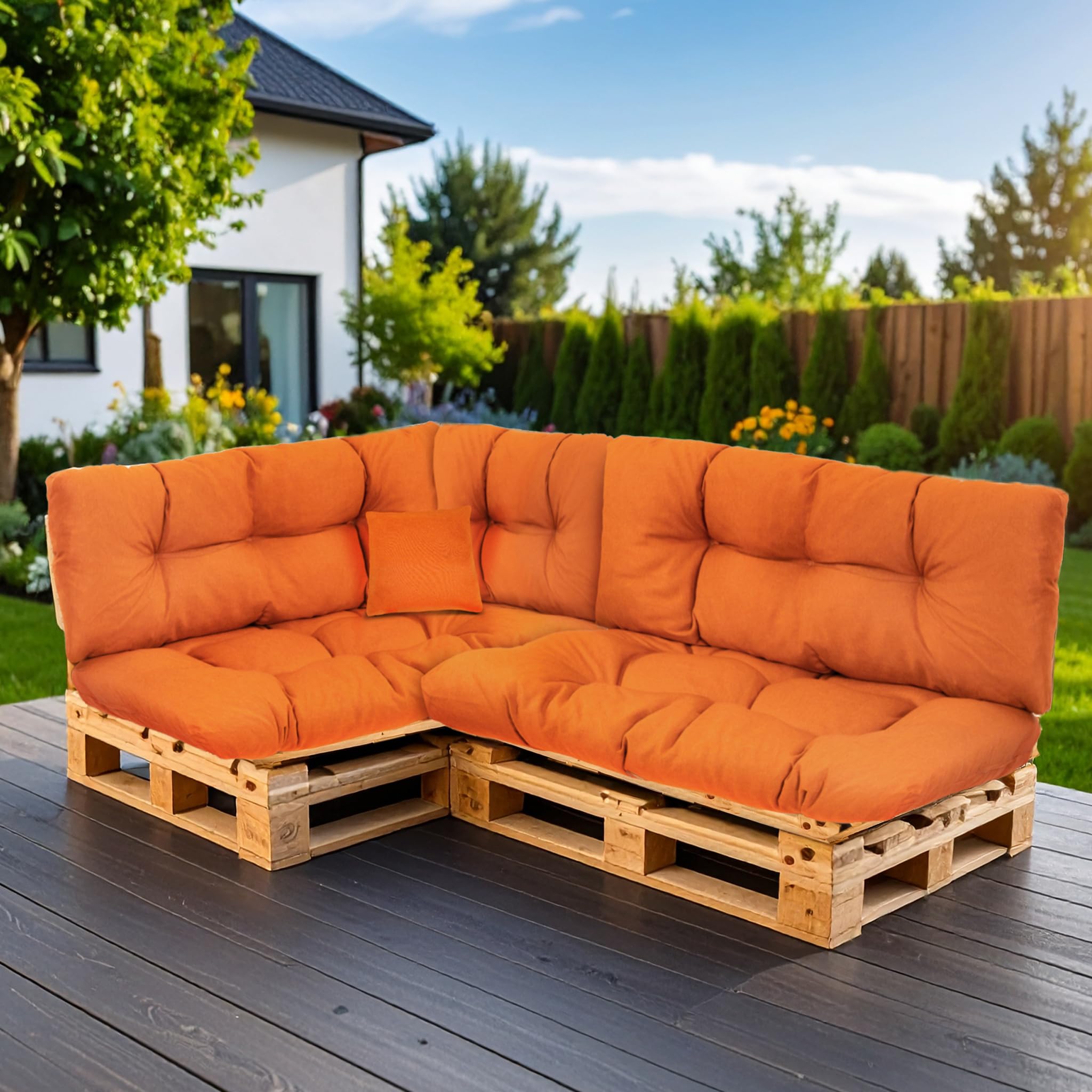 SLIPIO Pallet Cushion, Cushion for Euro Pallets, FÜLLPRO+ Filling, Weatherproof Pallet Pad (6-Piece Set - 2 x Back Cushions 120 x 40 cm + 2 x Seat Cushions 120 x 80 cm + 60 x 40 & 50 x 50 - Orange)