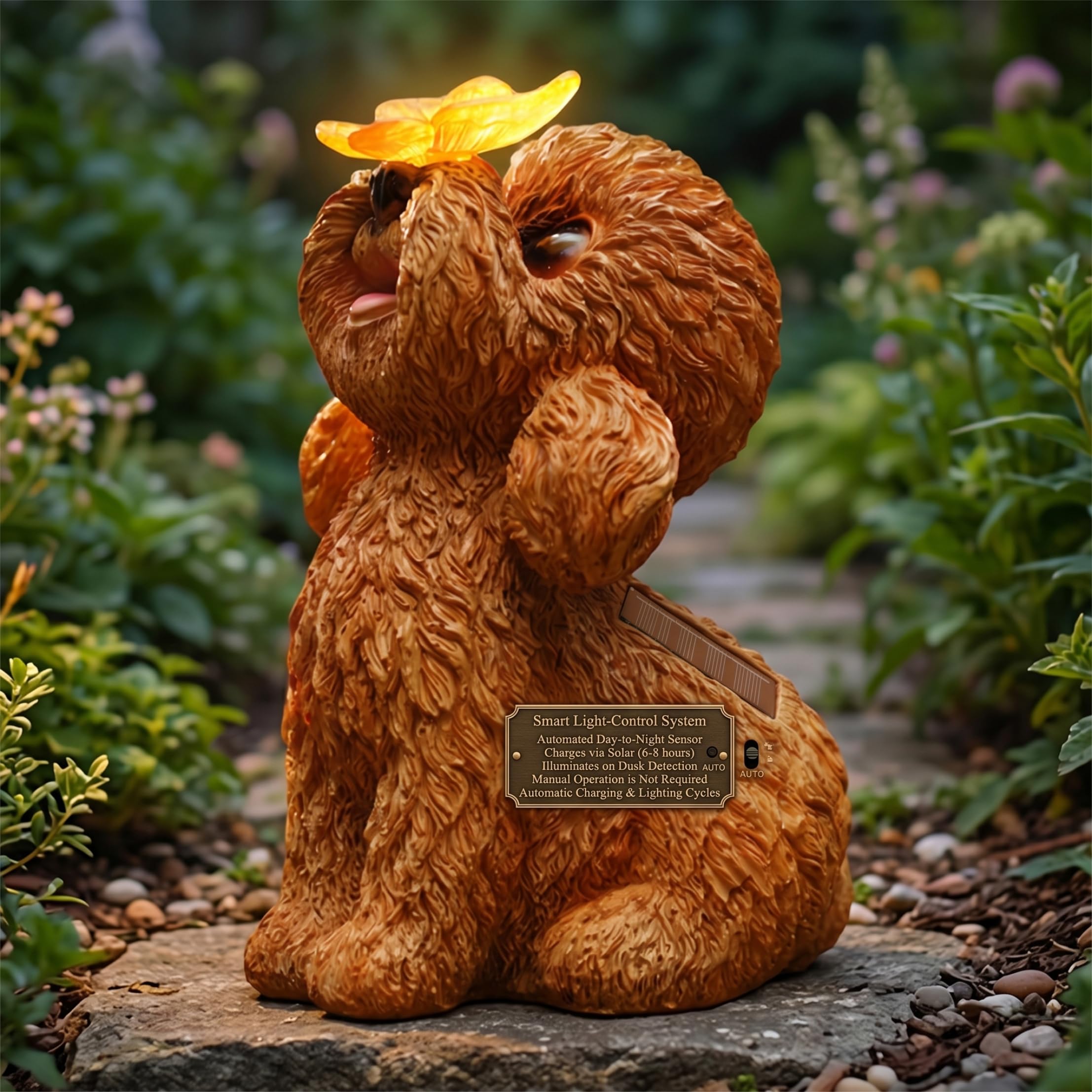 Faticenic Dog Statues Outdoor, Solar Garden Statue - Smart Light-control Dog Statue Outdoor, Cute Teddy Figurine With Butterfly Light For Yard Decor, Brown, Solar Garden Statues, Décor