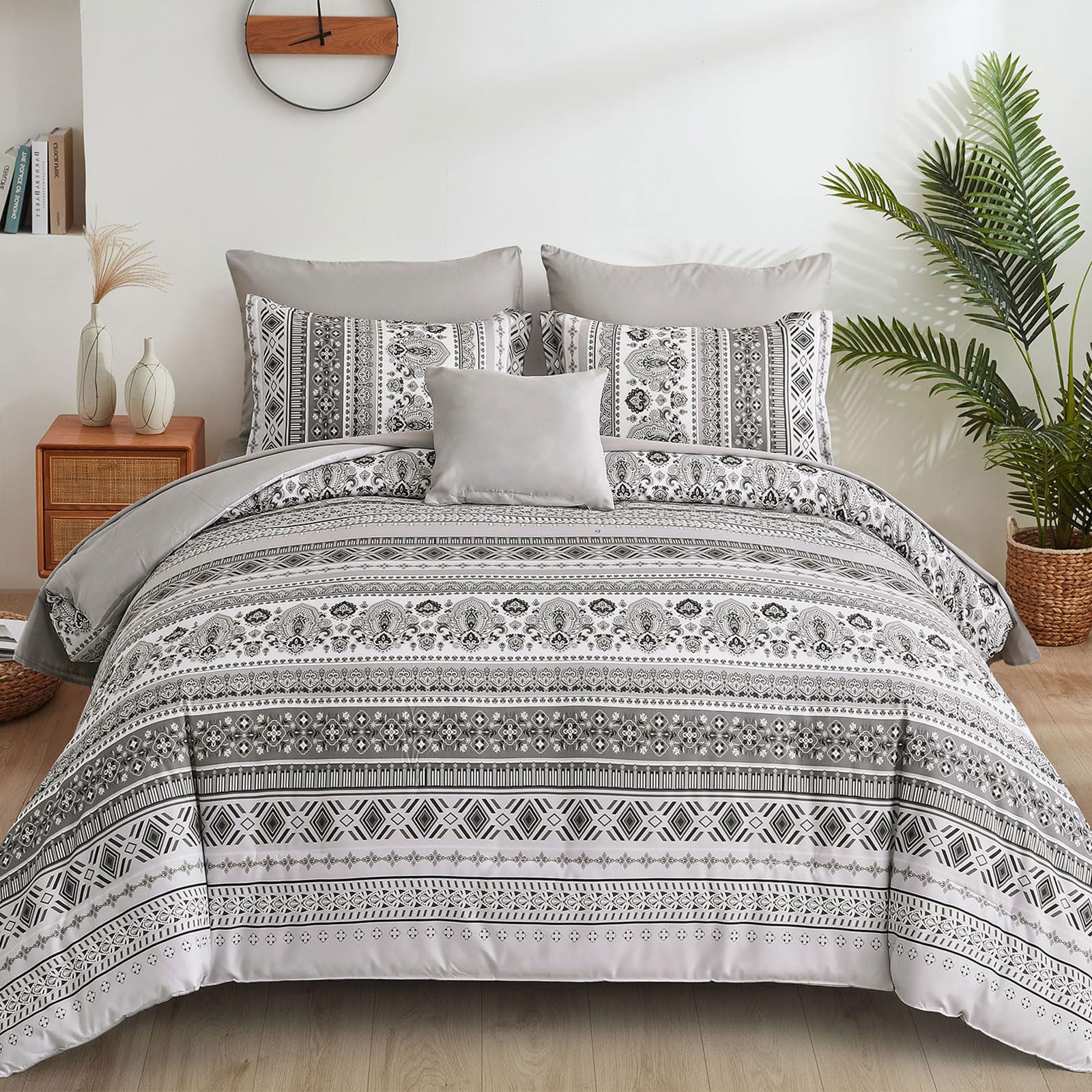 Amazon.com: Boho Comforter Set Queen Size 8 Piece Light Grey Bedding ...