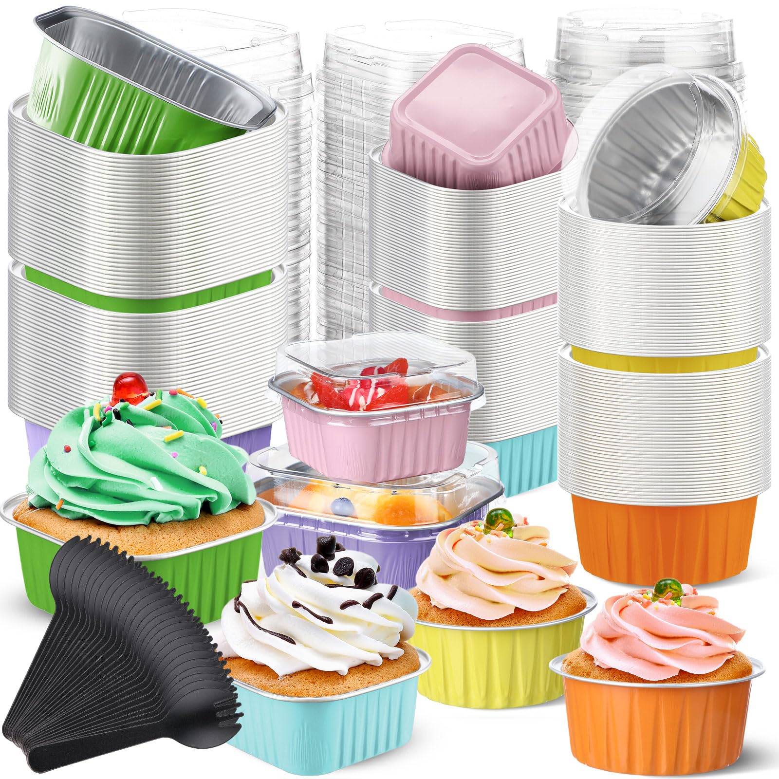 Blushtier Juego de 180 mini moldes para pan con tapas y cucharas de 5 onzas, moldes cuadrados y circulares de papel de aluminio para hornear, mini moldes para pasteles para pan, postres, color pastel