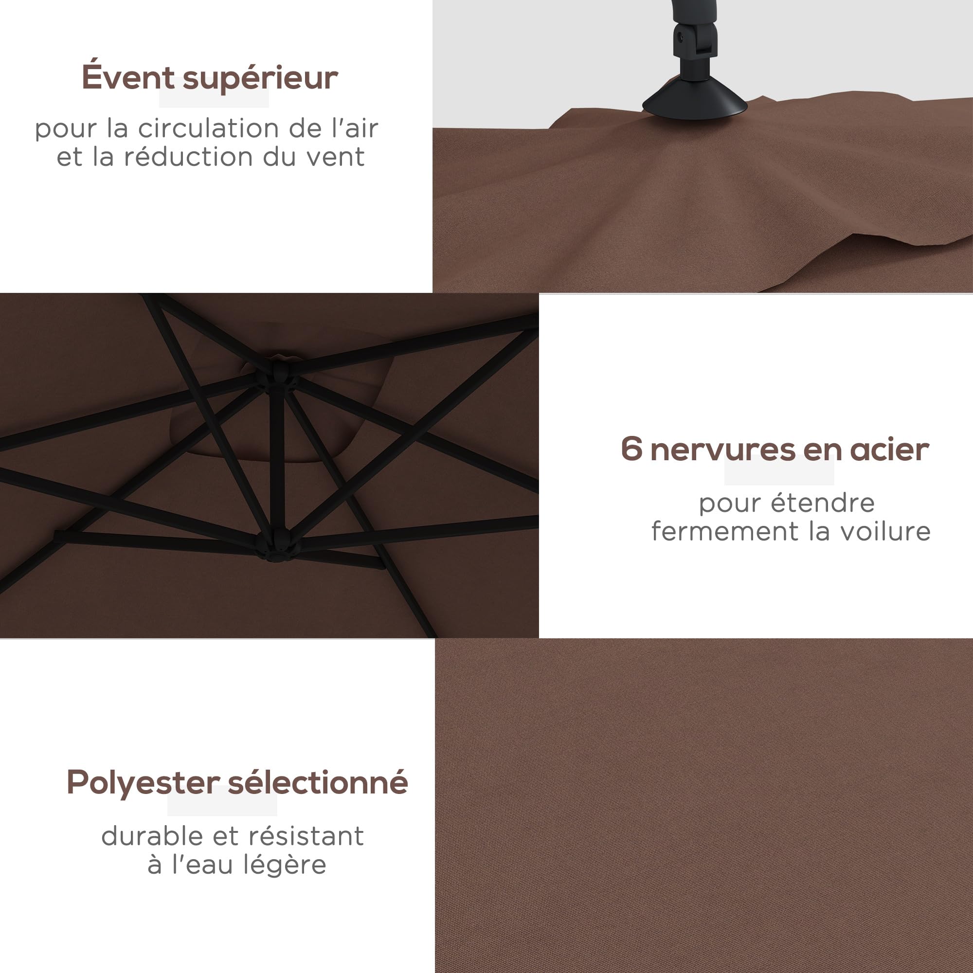 Outsunny Parasol Déporté 3 x 2 m Rectangulaire Extérieur Manivelle Marron