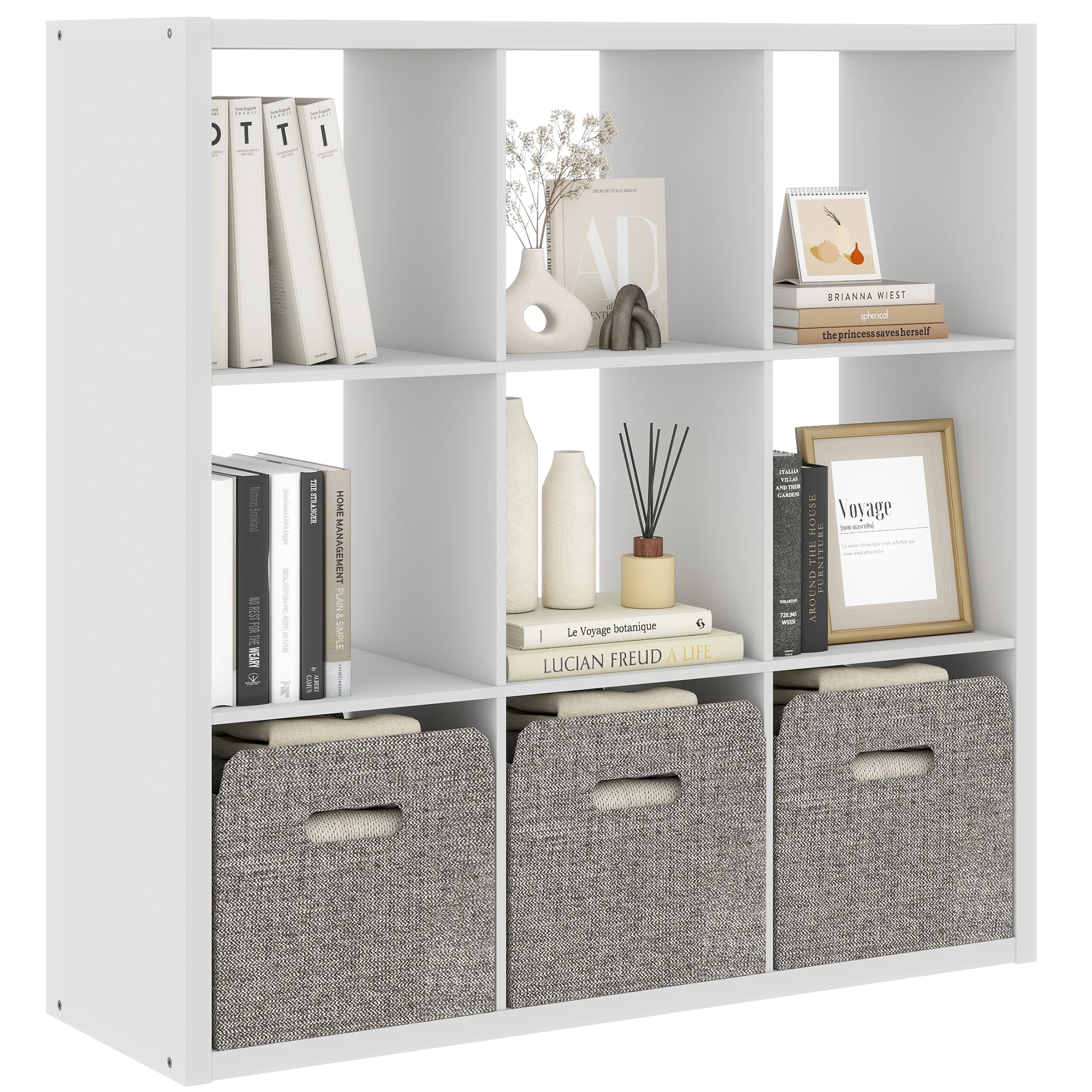 White 9 Cube Storage Organizer with Thickness Wooden Board, Wooden Nice Cube Storage Organizer, 9 White Cubbies Shelf for Bedroom, Living Room, Playroom, 14.6" x 43.8" x 43.8"