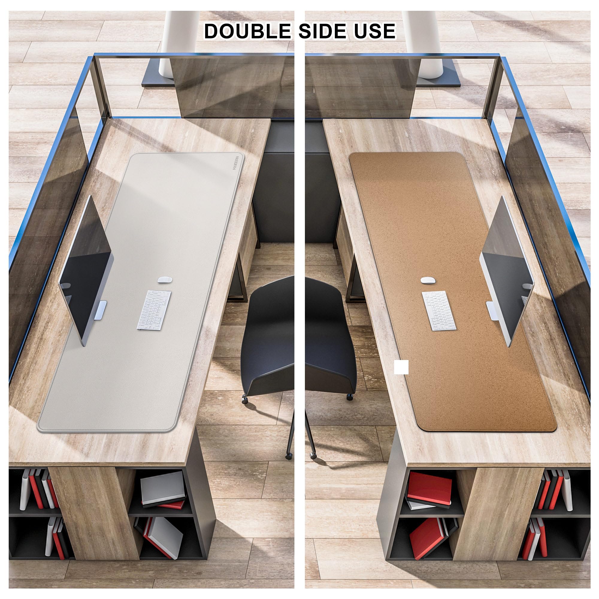 MAIDERN Tappetino da scrivania, 130 x 50cm tappetino per mouse bifacciale in sughero e pelle PU, tappetino da scrivania morbido e impermeabile per ufficio/casa(Crema)