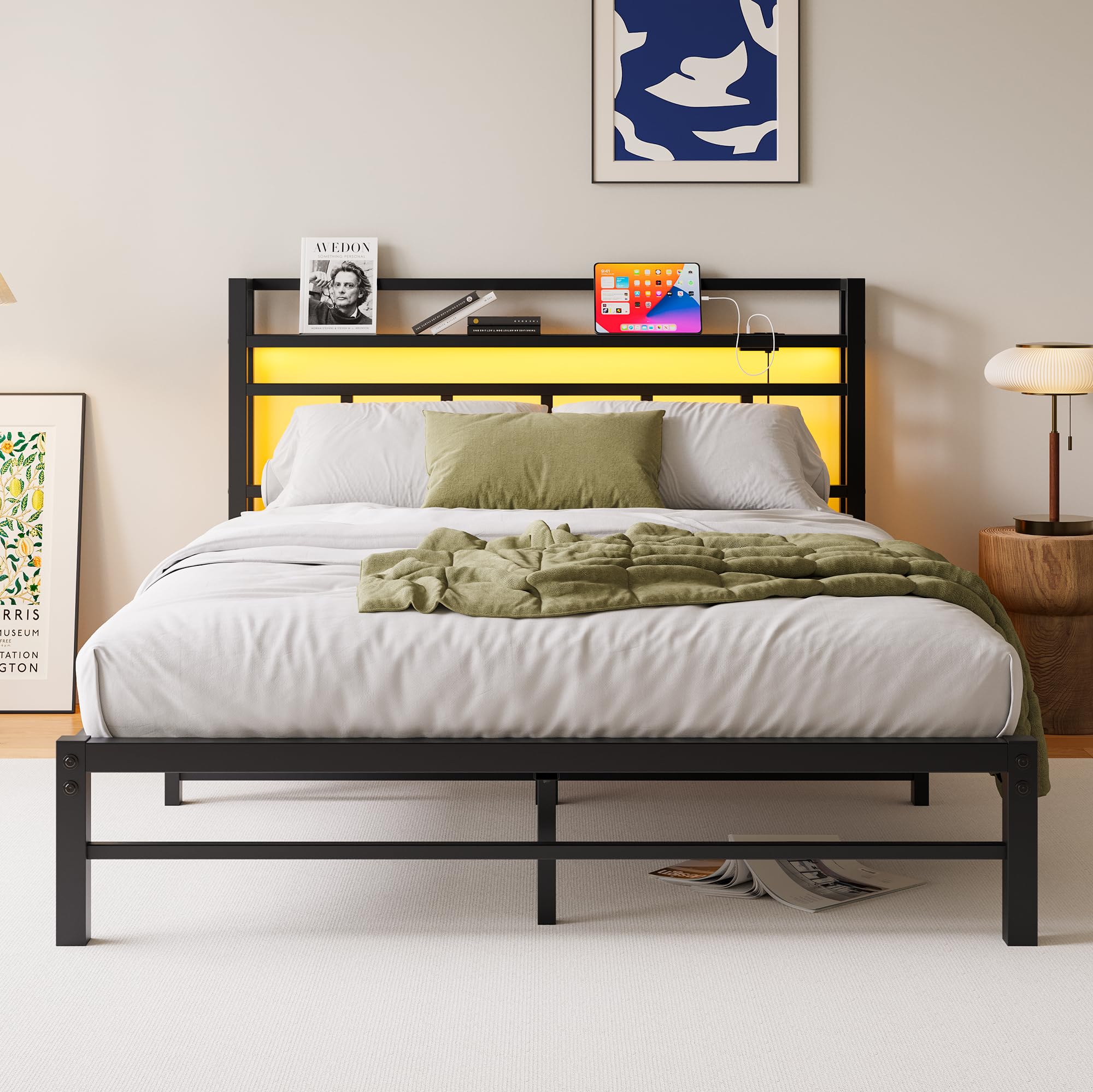 Maliacife Full Size Bed Frame with USB Charging Station, LED Bed with Wood Storage Headboard, Black Metal Platform Bed,Heavy Duty Steel Slats Support,No Box Spring Needed, Noise Free,Easy Assembly