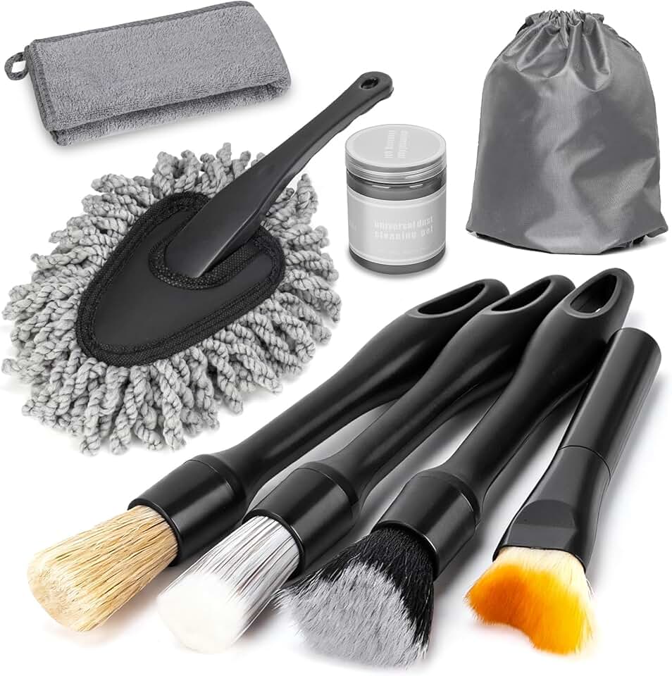 8PCS Car Detailing Brush Set, Interior Car Cleaning Kit with Dash Duster, 4 Detailing Brushes (Soft to Hard), Microfiber Towel, Cl