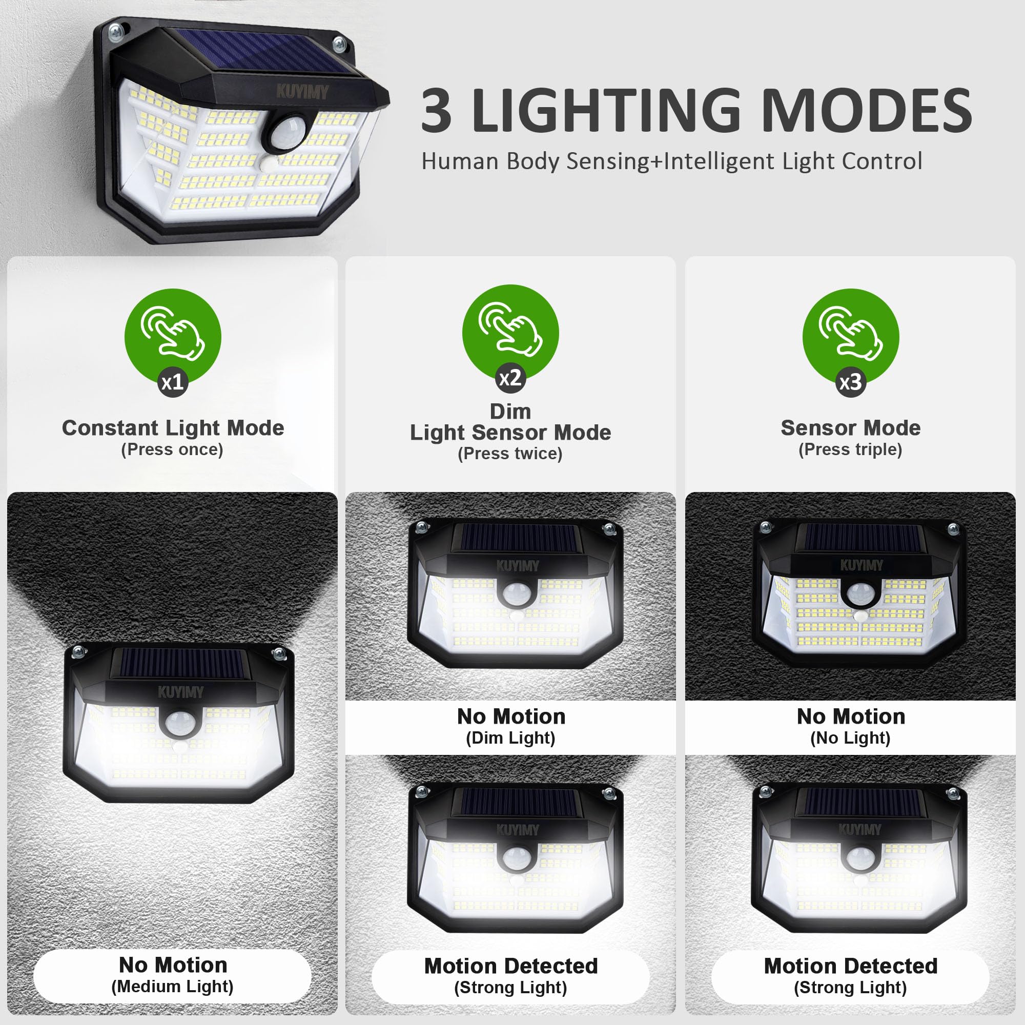 Solar-Außenleuchten, 230 LEDs mit Bewegungsmelder und 3 Modi, IP65 wasserdicht, 270° Weitwinkellicht, einfach zu installieren, intelligente kabellose Sicherheits-Wandleuchten für Terrasse
