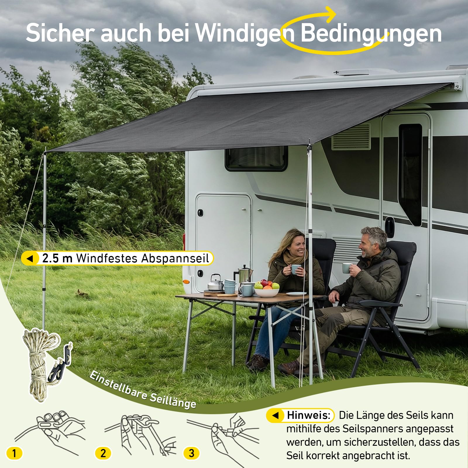 Sonnensegel Wohnwagen mit Keder 3 x 2,5 m, Markise mit Stangen, 3000mm Wasserdicht & UPF 50+ Schutz, Kederschiene 5/7/10 mm, Vorzelt Plane für Camper Wohnmobil