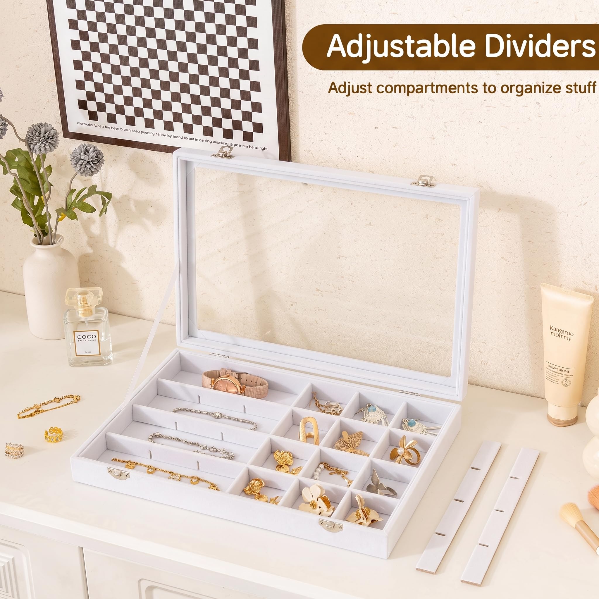 Frebeauty Plateau de rangement à bijoux avec couvercle transparent - 24 compartiments - Boîte de rangement en velours avec couvercle en verre transparent - Présentoir à bijoux avec serrure - Cadeau
