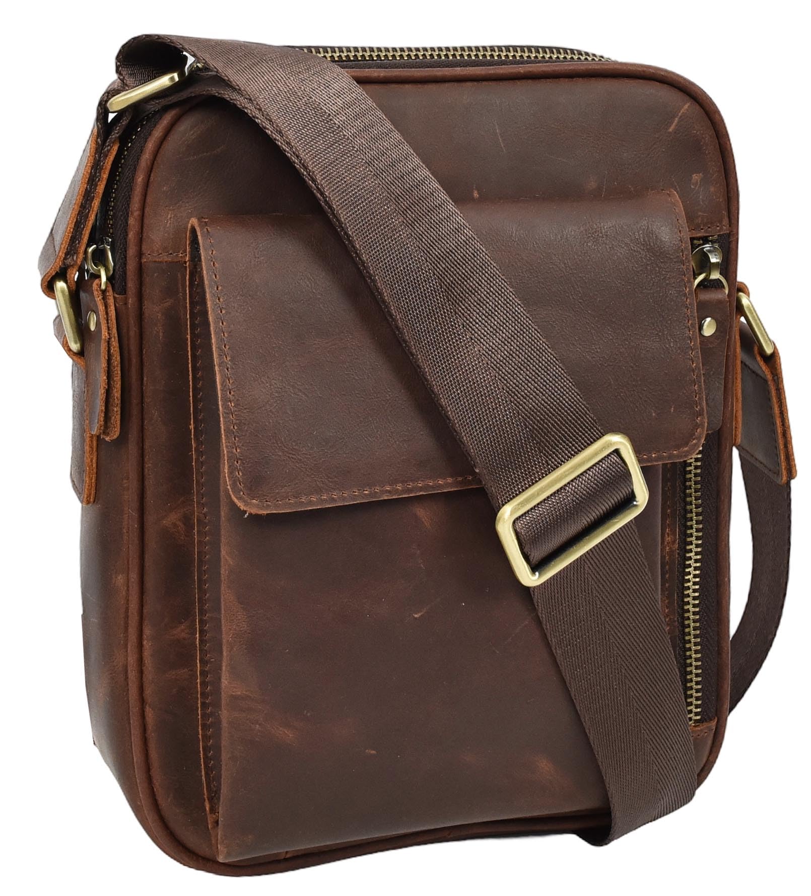 Morsalin - Borsa a tracolla da uomo, in pelle, con scomparti multipli con cerniera, tracolla regolabile, tasca frontale con patta