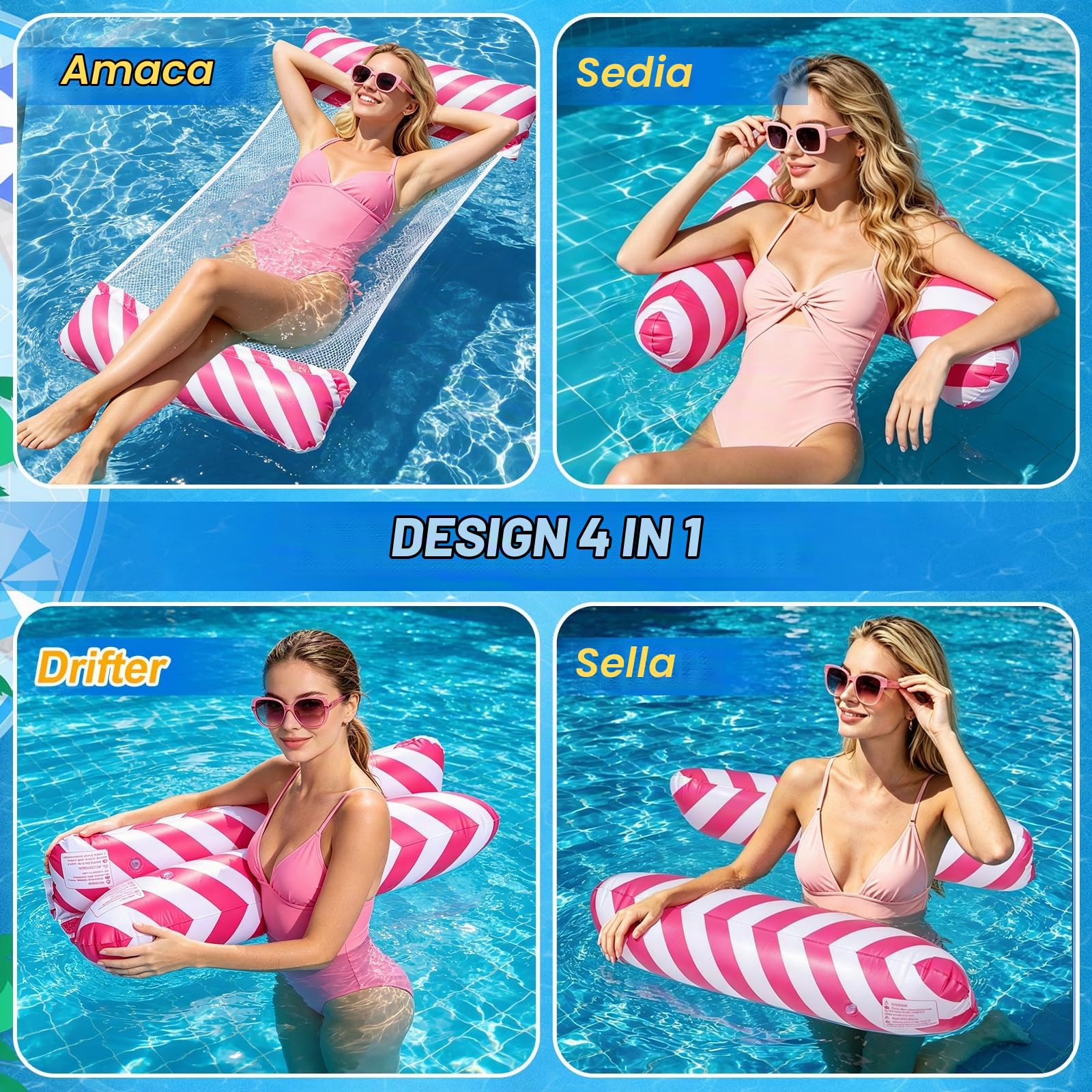 2 Pezzi Amaca Galleggiante,Materassino Gonfiabile 4-in-1 con Due Pompe,130x70 CM Materassino Piscina Pieghevole,Gonfiabili Piscina Adulti,Accessori per Piscine e Spiaggia Estivi(Blu e Rosa)