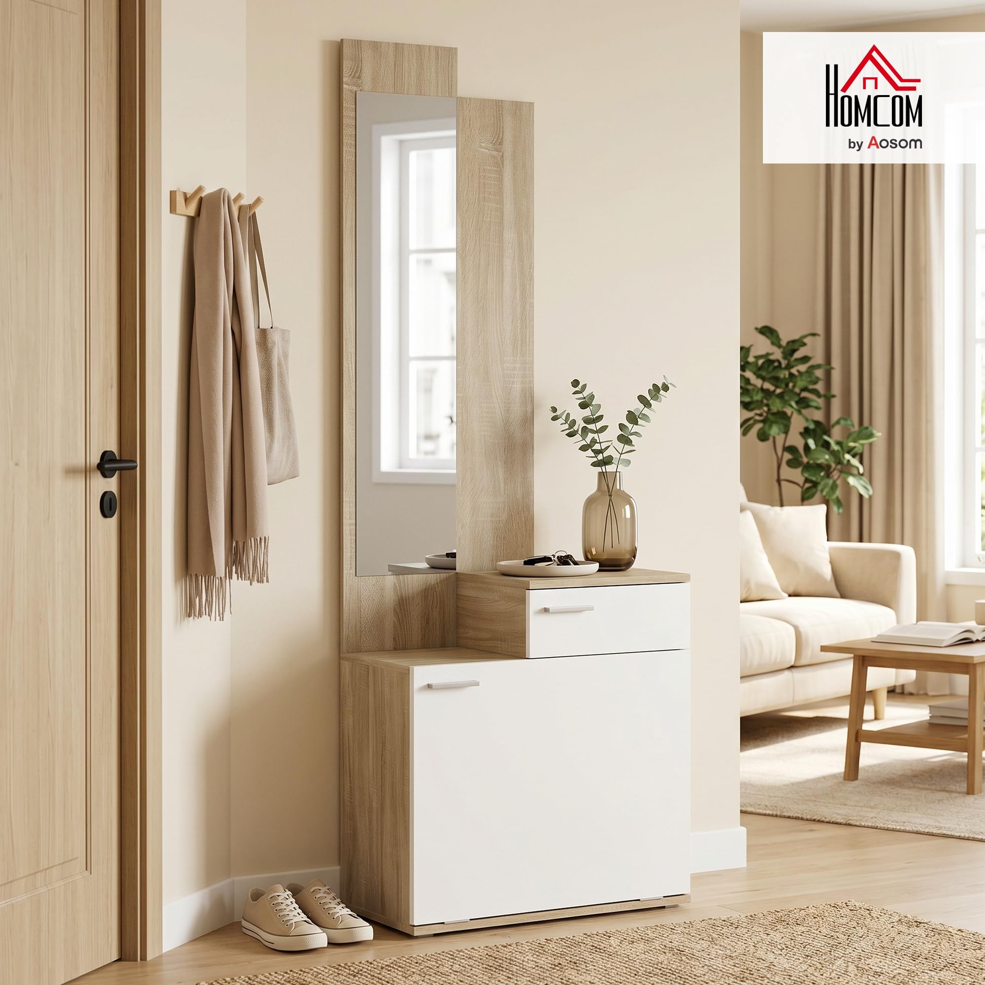 HOMCOM Recibidor de Entrada con Espejo Zapatero Abatible 61x30x170cm Blanco | Mueble Recibidor de 2 Piezas, Asiento, Cajón, Mesa Pequeña para Pasillo