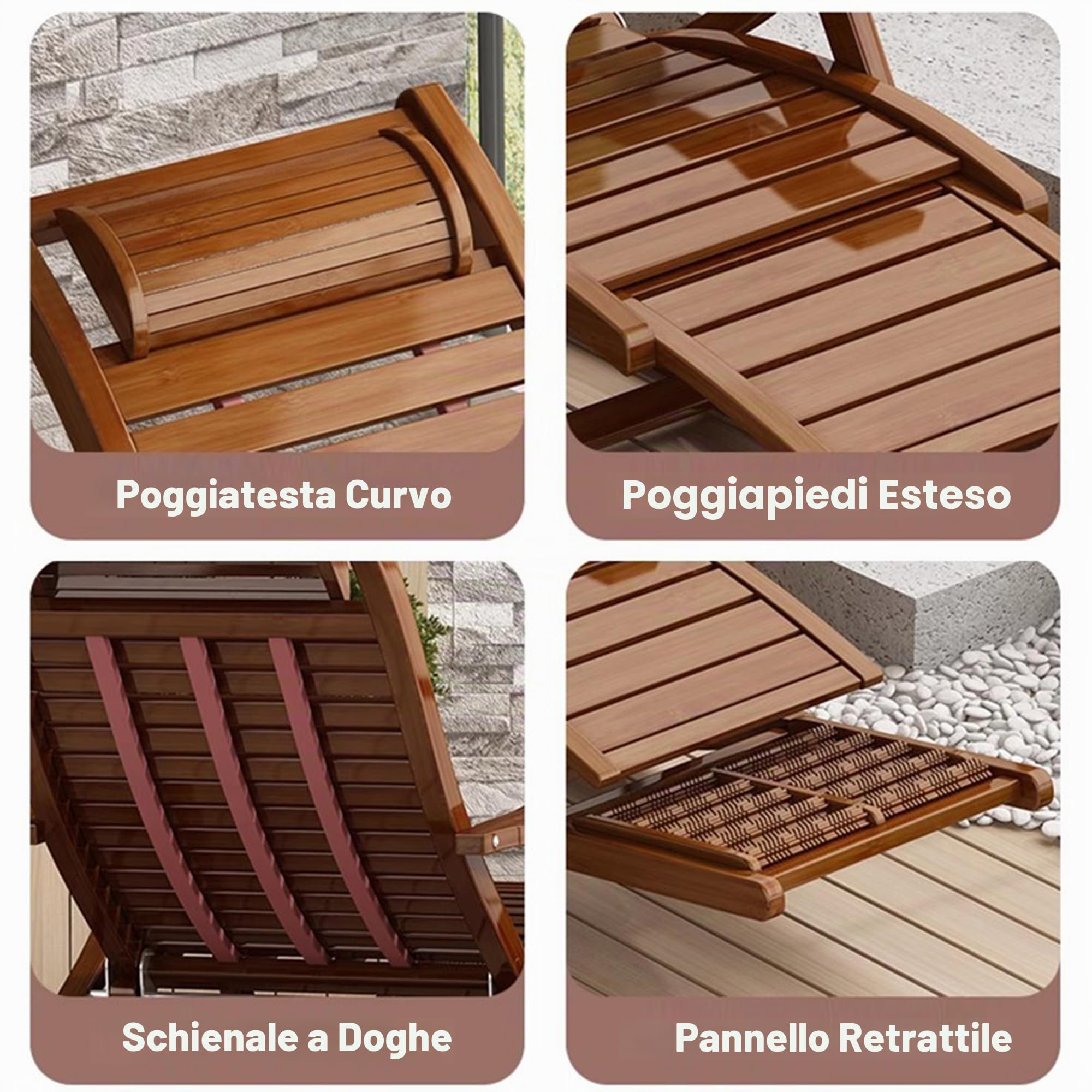 Sedia a Dondolo Pieghevole, Poltrona Reclinabile Regolabile in 5 Posizioni, Lettino Prendisole per Esterni con Poggiapiedi Esteso, Sedia a Sdraio in Legno per Giardino, Patio, Balcone