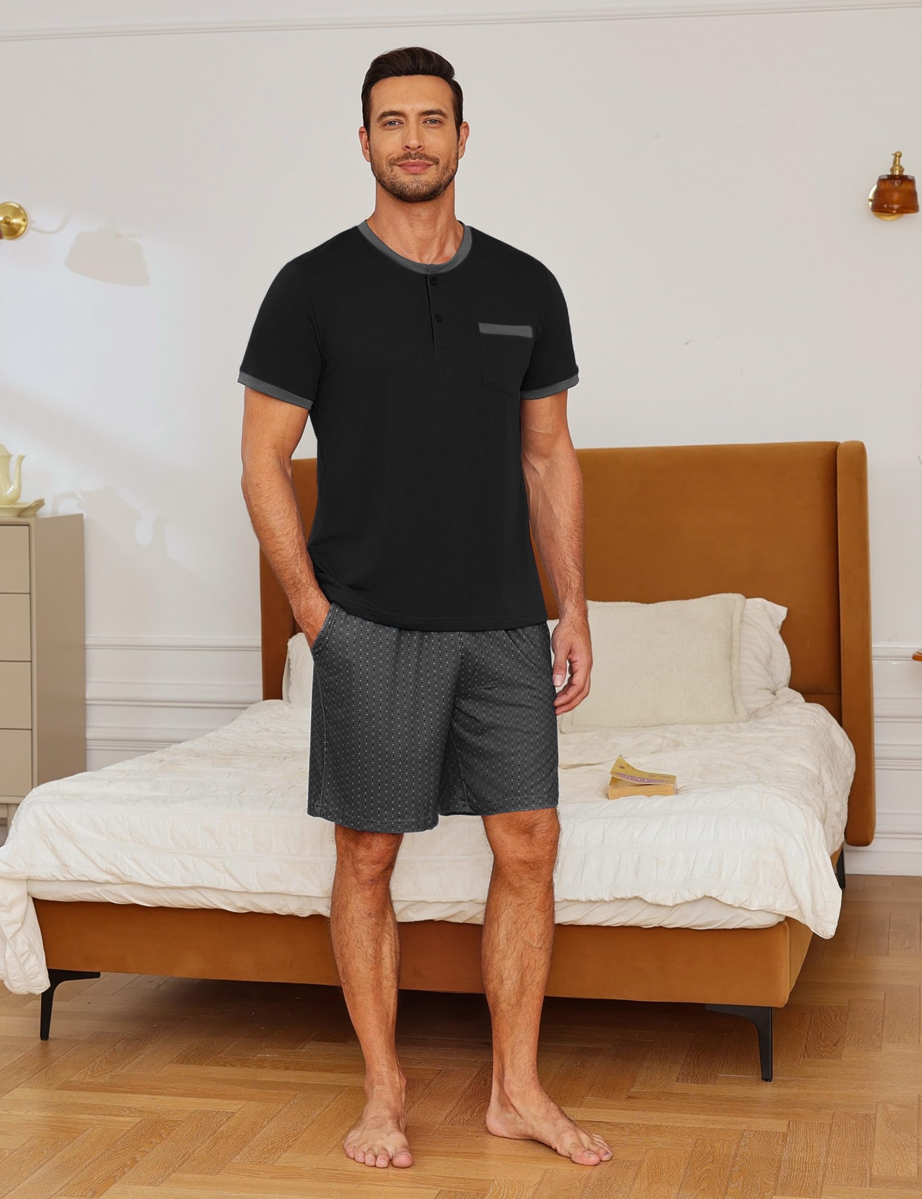 Schlafanzug Herren kurz Karomuster Schlafhose Männer Pyjama Sommer Henleykragen Schlafanzüge für Herren Pyjamashort Nachtwäsche Zweiteiler