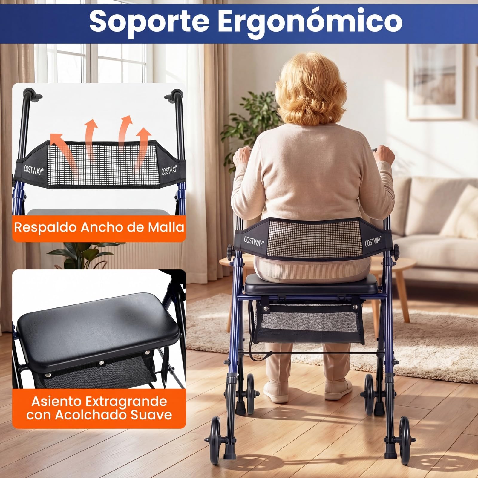 COSTWAY Andador para Ancianos Plegable, Andadores Adultos con Asiento, Asas Ajustables de 8 Niveles, Respaldo de Malla y Bolsa de Almacenamiento, Caminadores para Mayores con 4 Ruedas y Mangos