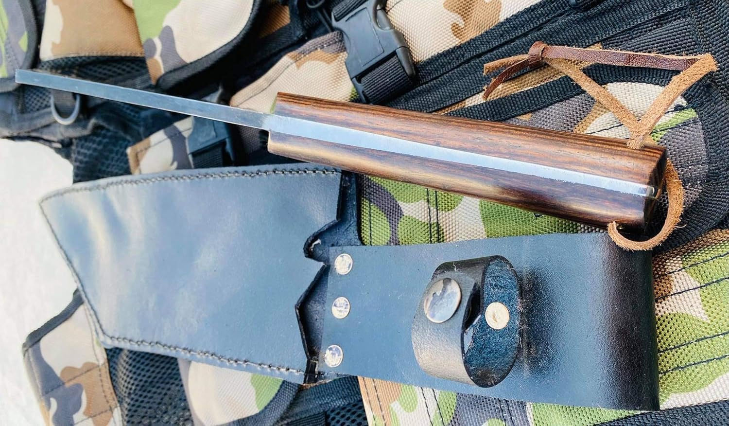 10 Inch Bumpak Kitchen Knife with Black Leather Sheath, High Grade Carbon Steel Blade, Rosewood Handle, Handmade in Nepal