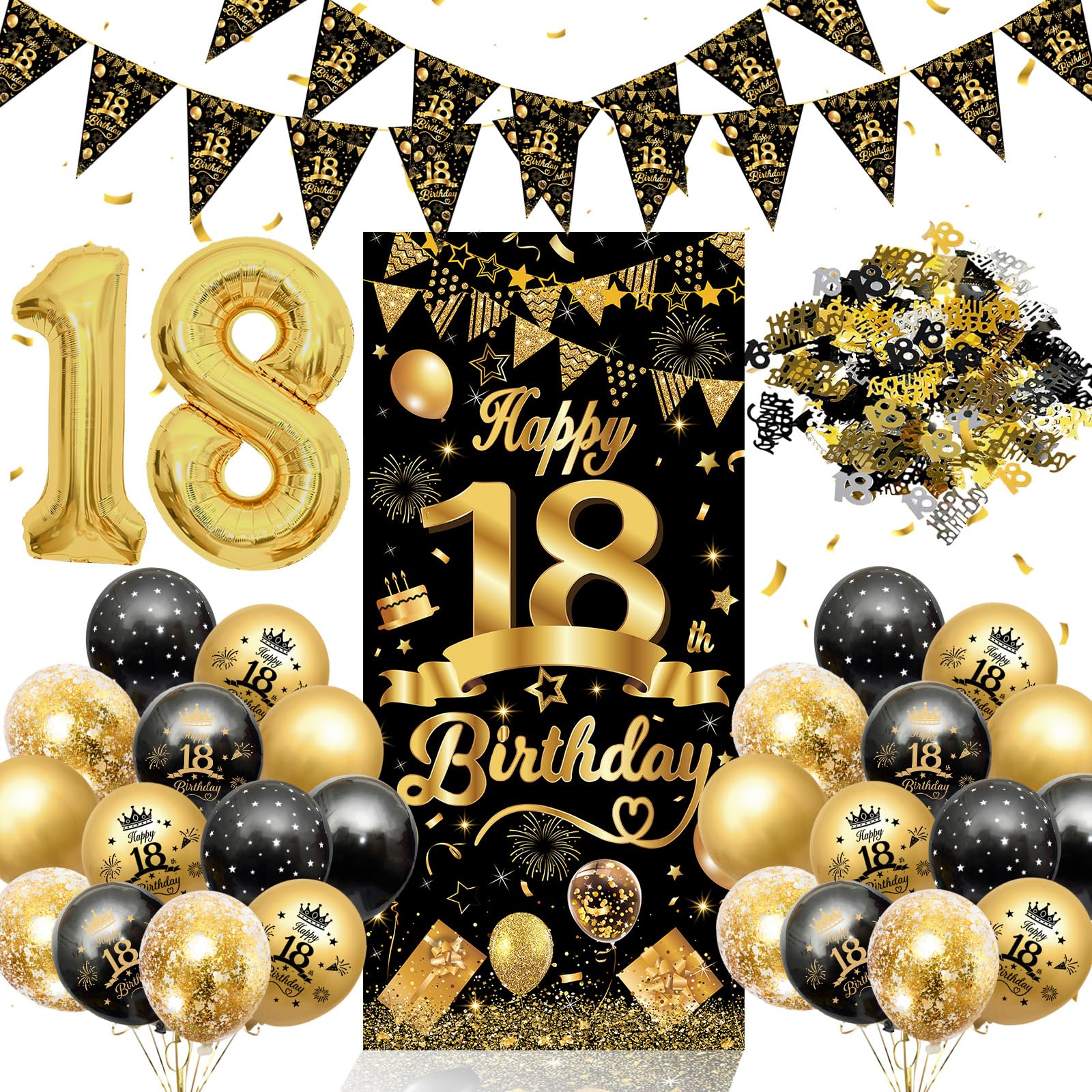 Deko 18. geburtstag Jungen Mädchen, AivaToba 18 Geburtstag Luftballons Schwarz Gold mit Zahl 18,Dreieck Flagge Banner,18.Geburtstags Deko Lange Banner,Konfetti Deko,18. Geburtstags Dekoration Supplies