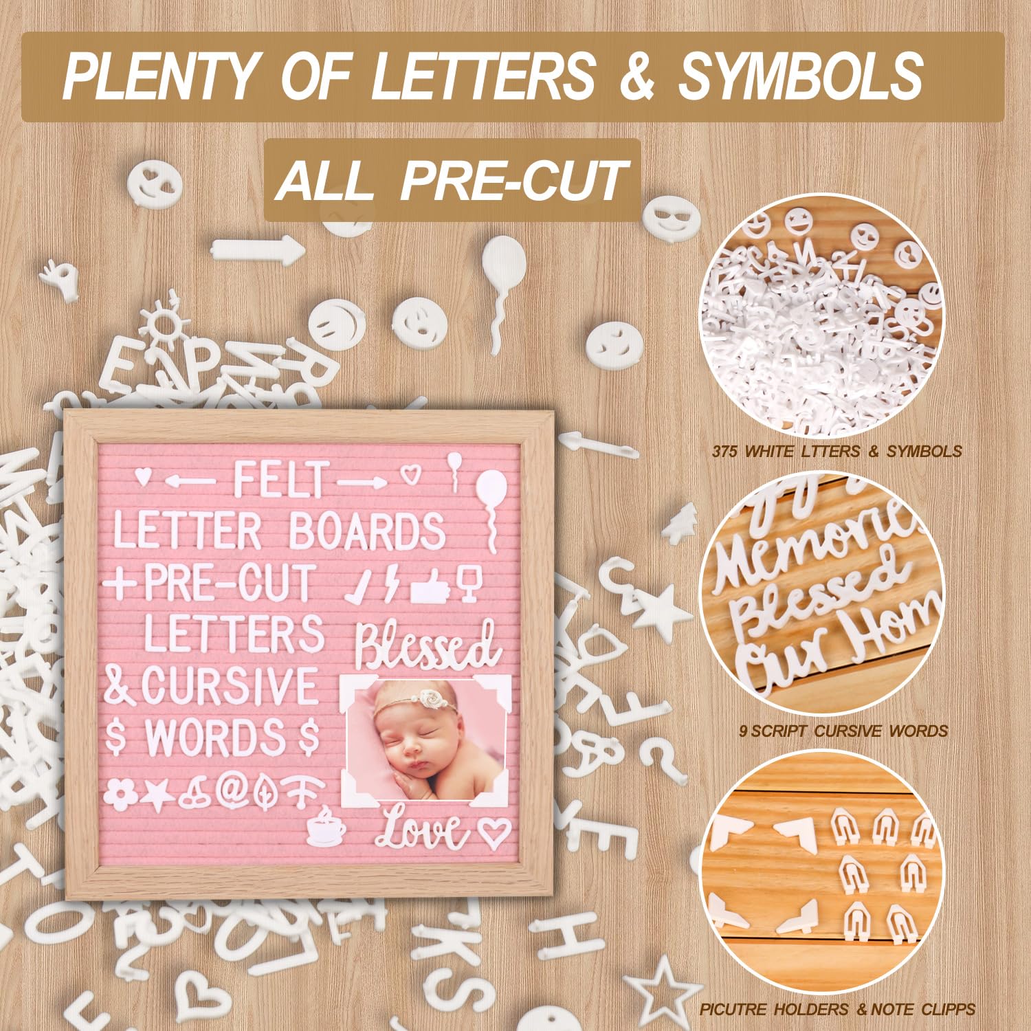 Premium Filz Buchstabe Board 25,4 x 25,4 cm. Wechselhafte Buchstabe Board mit 354 Weiß Kunststoff Buchstaben + Eiche Rahmen + Sägezahn Aufhänger + Stativ aus Holz + Schere + 2 Kordelzug Beutel schwarz