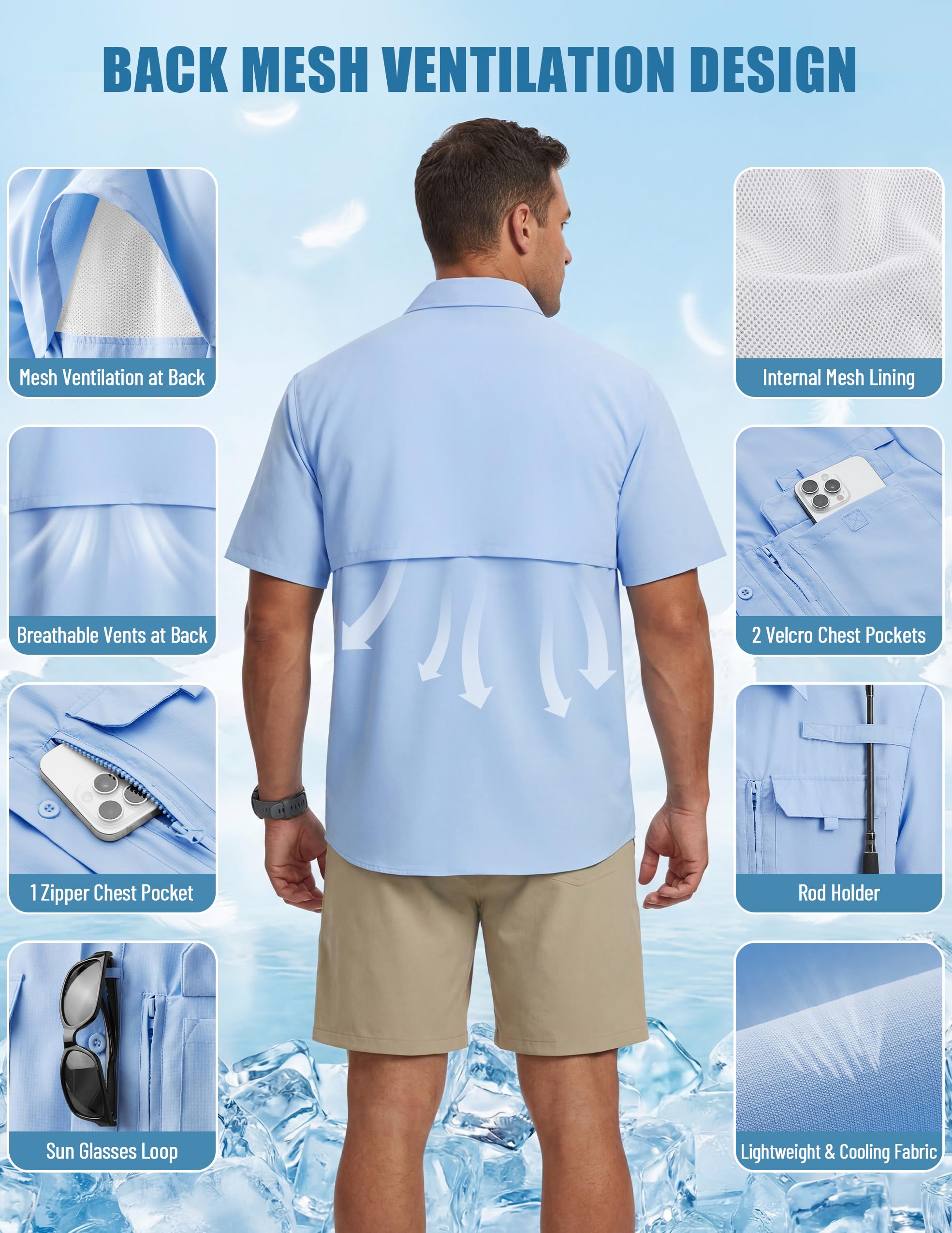 Camicia da uomo a maniche corte con protezione UV UPF 50+, leggera, ad asciugatura rapida, con bottoni, per attività all'aperto, escursionismo, pesca, viaggi, safari