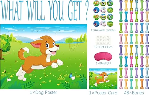 Miniatura 3 de Morcheiong Juego de fiesta de cumpleaños Pin The Tail on The Dog con 48 huesos, dale al cachorro un juego de huesos para niños, decoración de fiesta