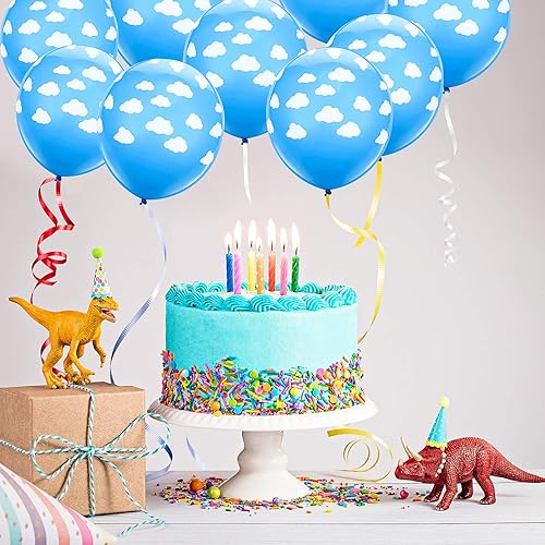 Miniatura 4 de 100 globos de nube azul y blanca de 12 pulgadas con 2 rollos de cintas de plástico, azul medio con nubes, globos de látex mate para niños y niñas,