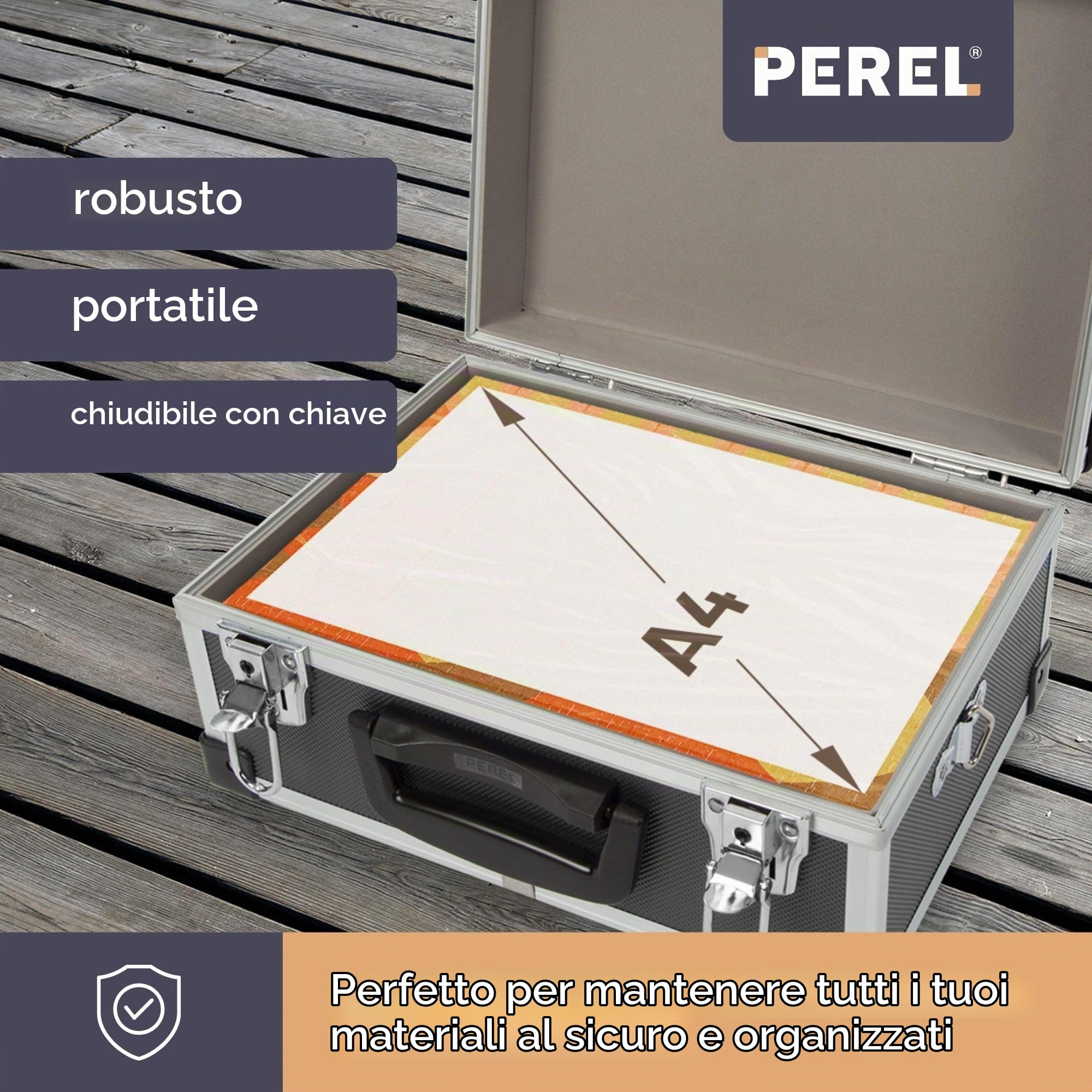 Perel valigetta porta attrezzi in alluminio nero 320 x 230 x 155 mm con serratura a chiave (2 chiavi) e tracolla, valigetta rigida da trasporto per utensili, laptop e fotocamera