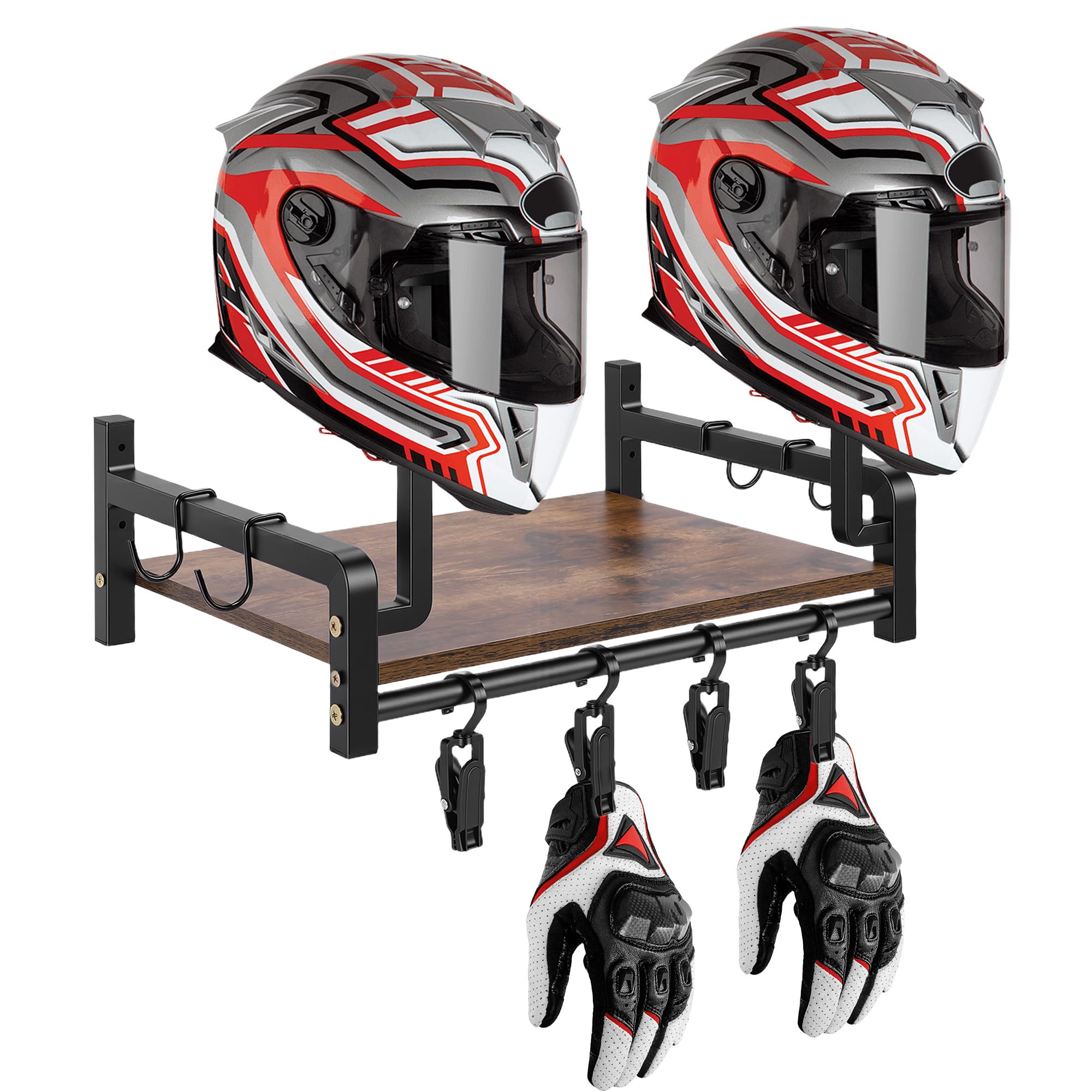Soporte para Casco de Motocicleta, Soporte de Pared, Estante de Exhibición Rústico para Casco con Ganchos, Estante de Almacenamiento, Abrazadera para para Almacenamiento de (color nuez)