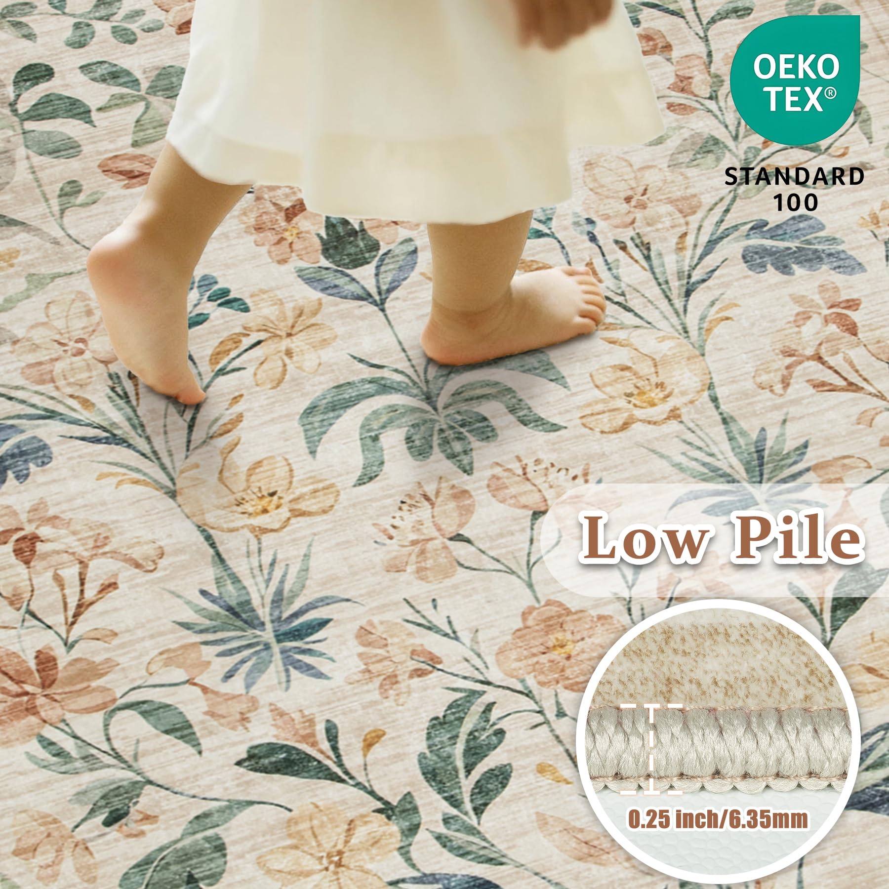 Waschbarer Teppich: Boho-Wohnzimmerteppich, weich, rutschfest, Niederflor-Teppich, Innenboden, fusselfrei, neutrale Blumenteppiche für Schlafzimmer, Esszimmer, Bauernhaus, Kinderzimmer, Beige