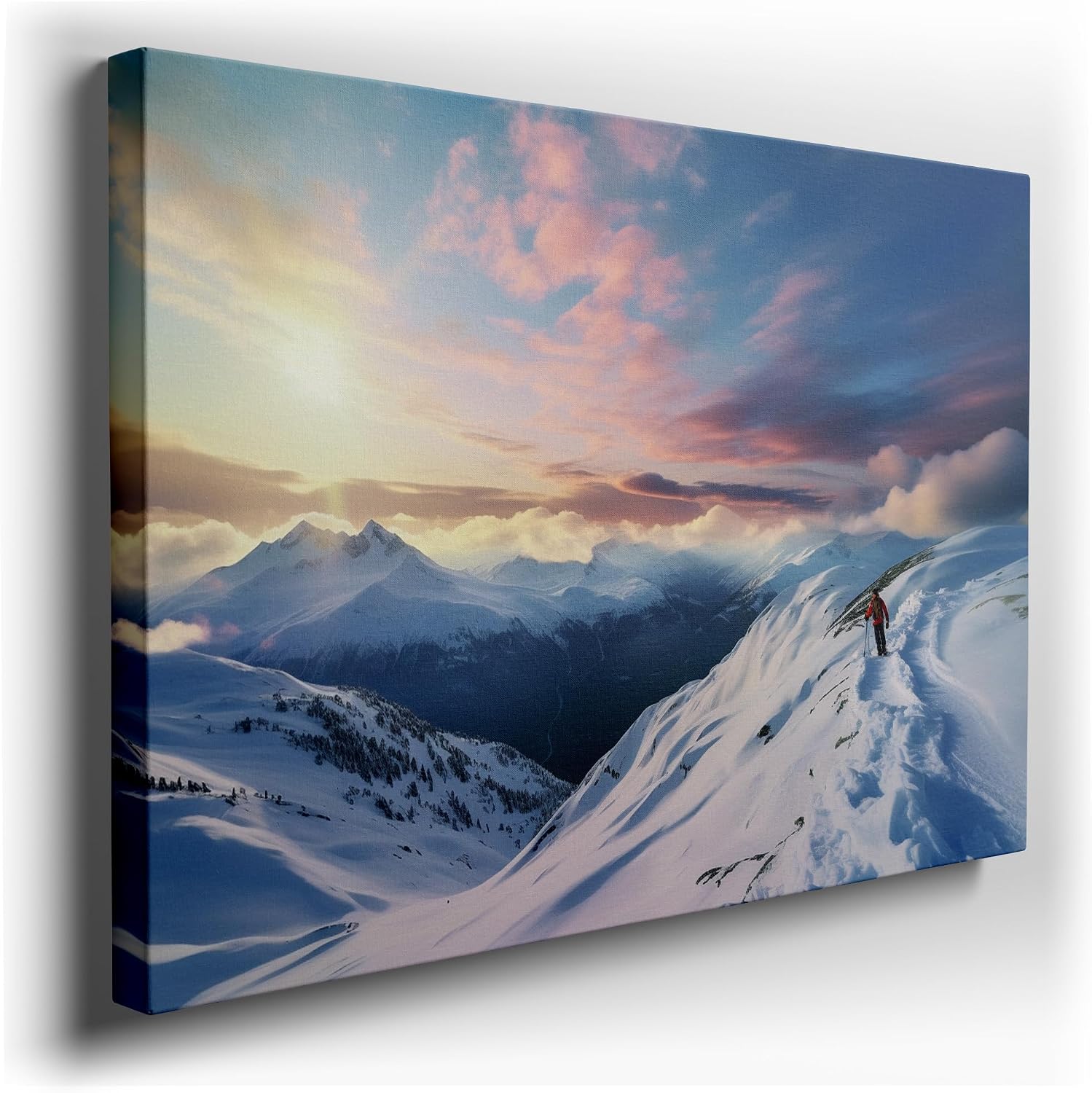 Canvas for Living room. Conquering the Snow-Capped Mountain Majesty in a Crimson Cloak, 27 x 18 inch Canvas Wall Art - Surrealistic Visions - Modern Home Decor