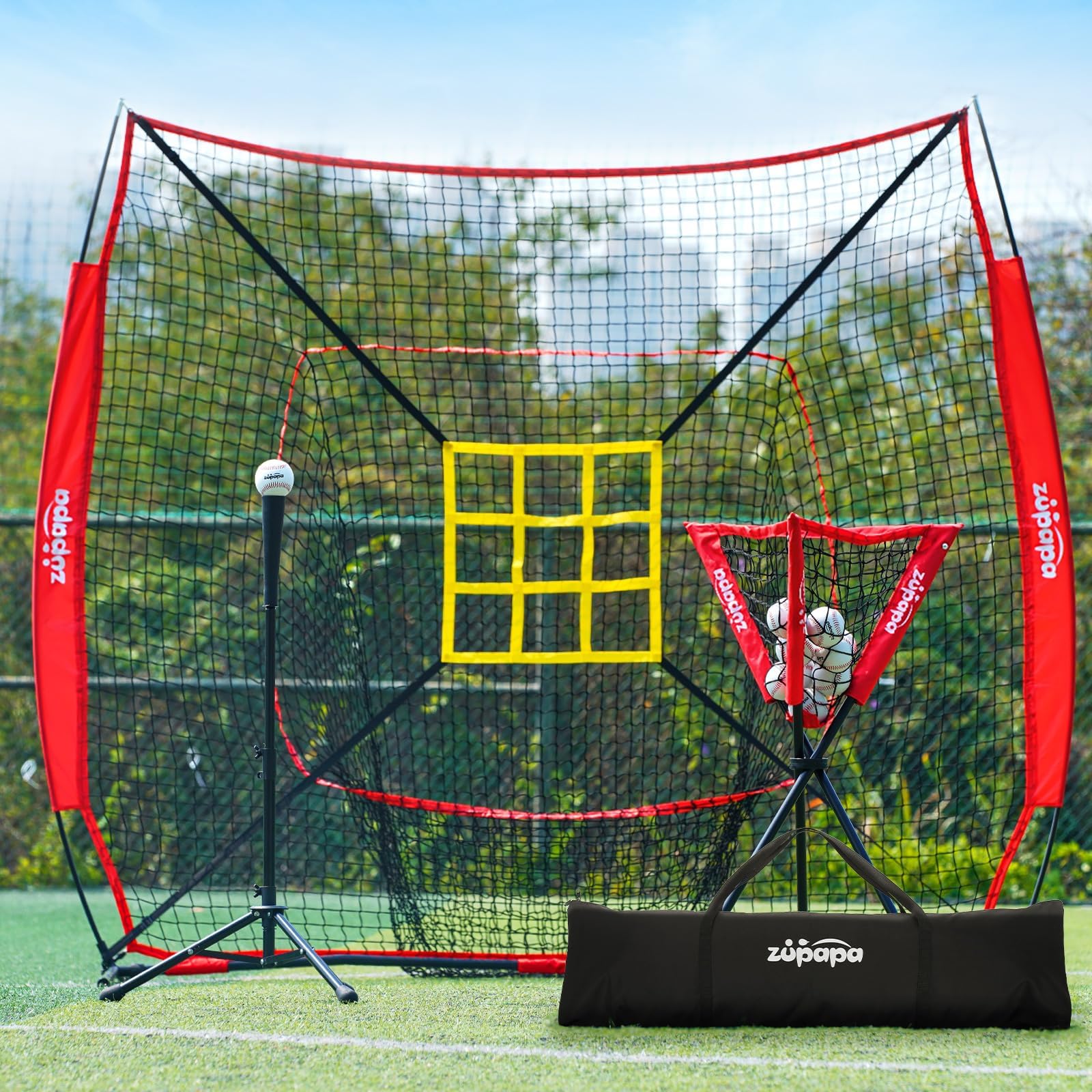 Zupapa Baseball Softball Practice Combo - 7 X 7 Feet Net Tee Caddy 12 Pack Baseballs Set, Upgraded Vivid Strike Zone, Baseball Backstop Practice Net for Hitting Pitching Batting Catching