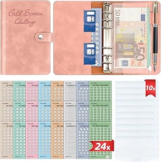 Geld Sparen Challenge Buch mit 8 Sparchallenges (24er Set) - Budget Planner Deutsch Challenges - Spar Challenge für Budgetplaner - Finanzplaner Haushaltsbuch - Cash Stuffing - Budget Binder A6 Leder