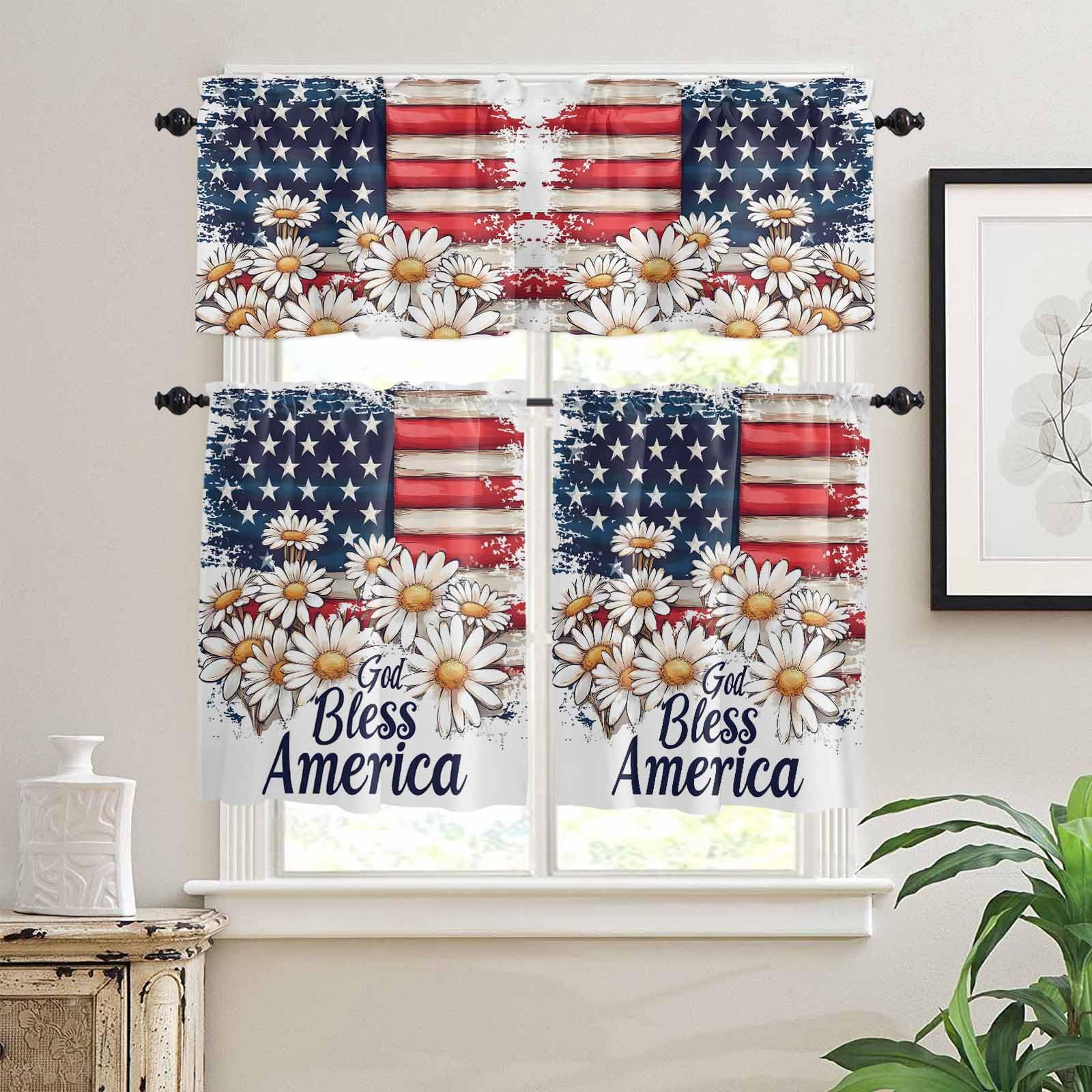 4th of July Kitchen Curtains 24 Inch Length, 3 Piece Rod Pocket Small Half Tiers and Valance Set, Independence Day Navy Blue American Flag Small Large Window Treatment Decor for Bedroom/Bathroom Sink