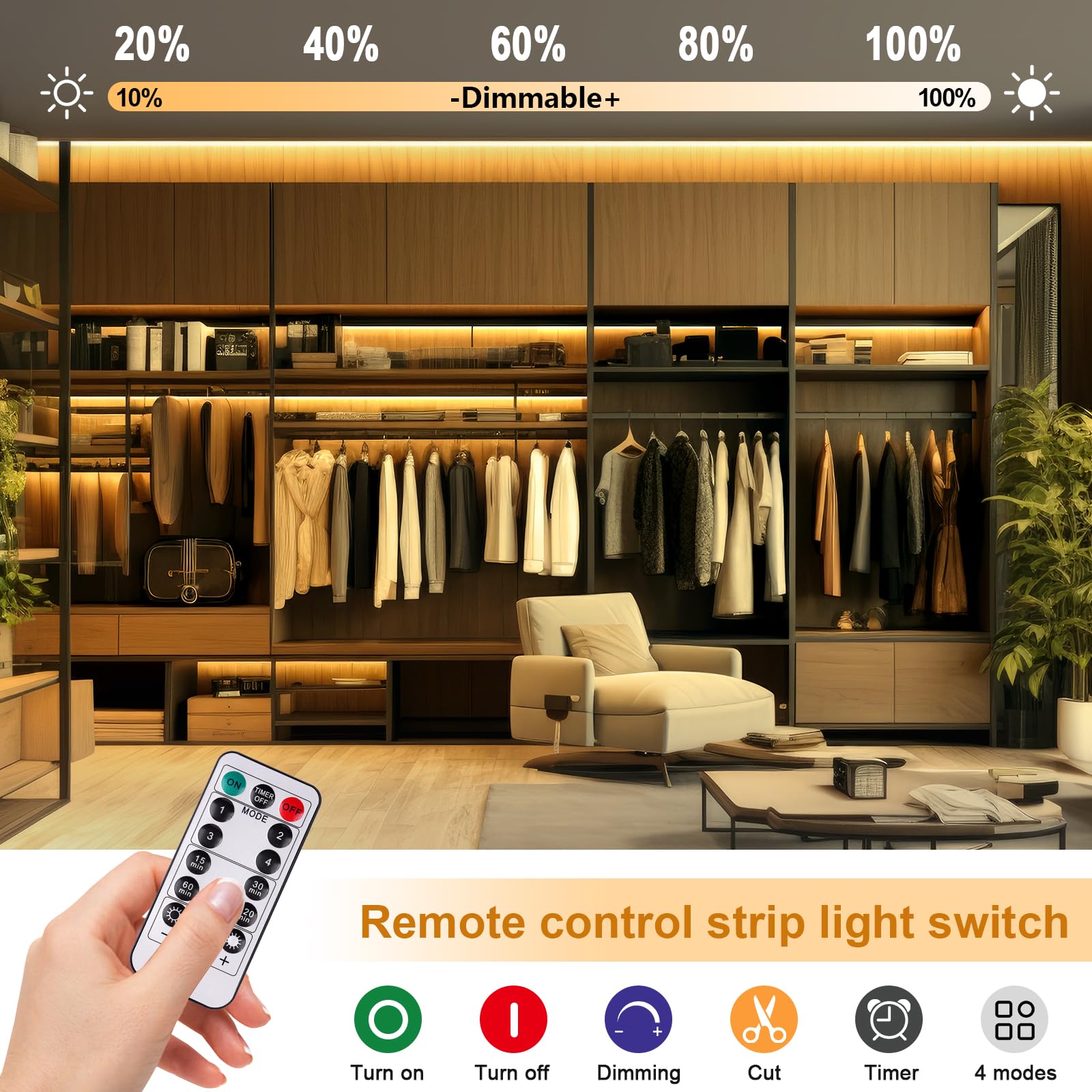 OMIKA Striscia LED COB, senza fili, 2700 K, bianco caldo, alimentate a batteria, 640 LED, 6,56 m, con telecomando, timer dimmerabile, flessibile, tagliabile, luci a nastro per armadietti, mensole e