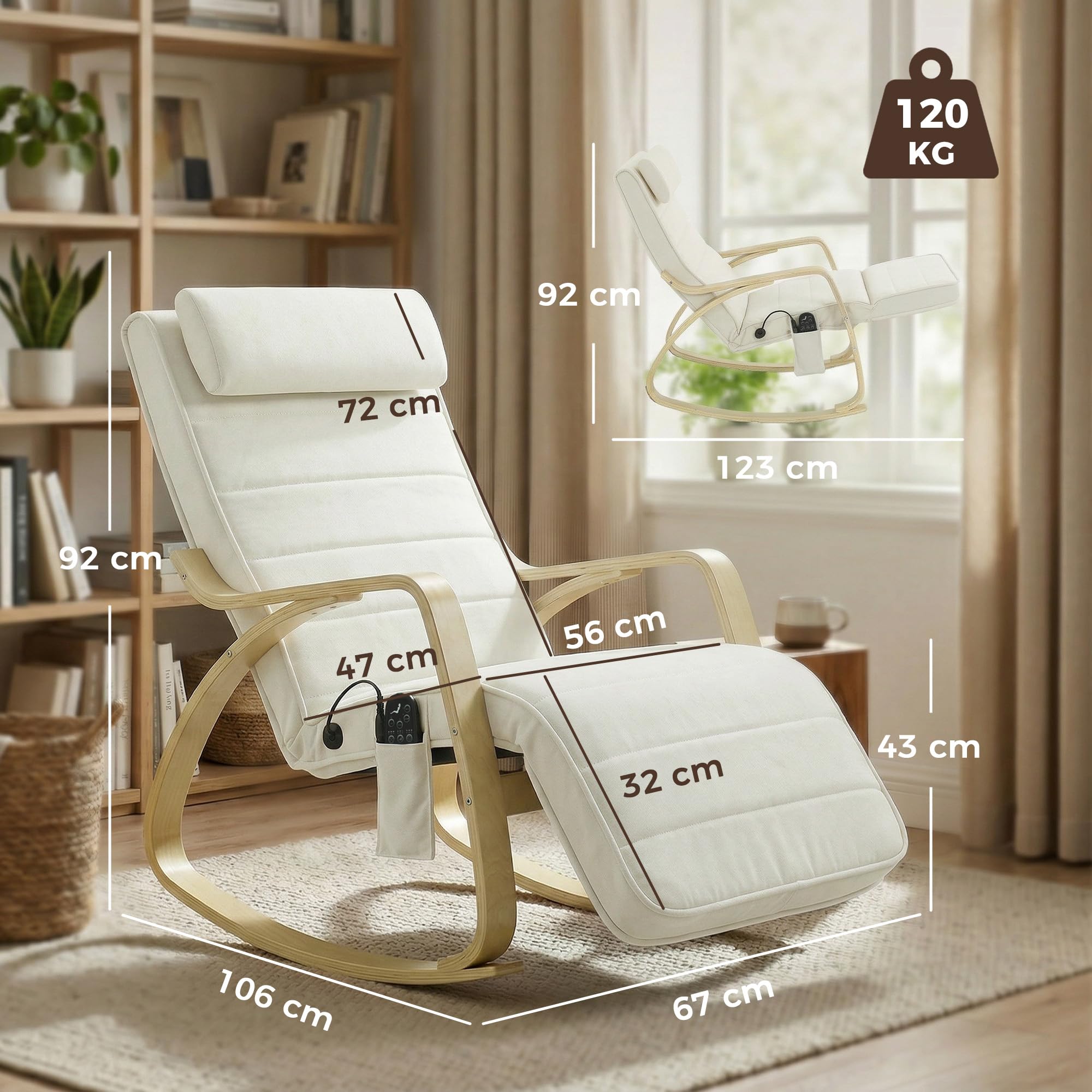 HOMCOM Schaukelstuhl Schaukelsessel mit Massagefunktion Heizung Kopfstütze 5-Fach verstellbare Fußstütze, Relaxstuhl mit Samtoptik Seitentasche, Schwingsessel für Wohnzimmer, Schlafzimmer, Cremeweiß