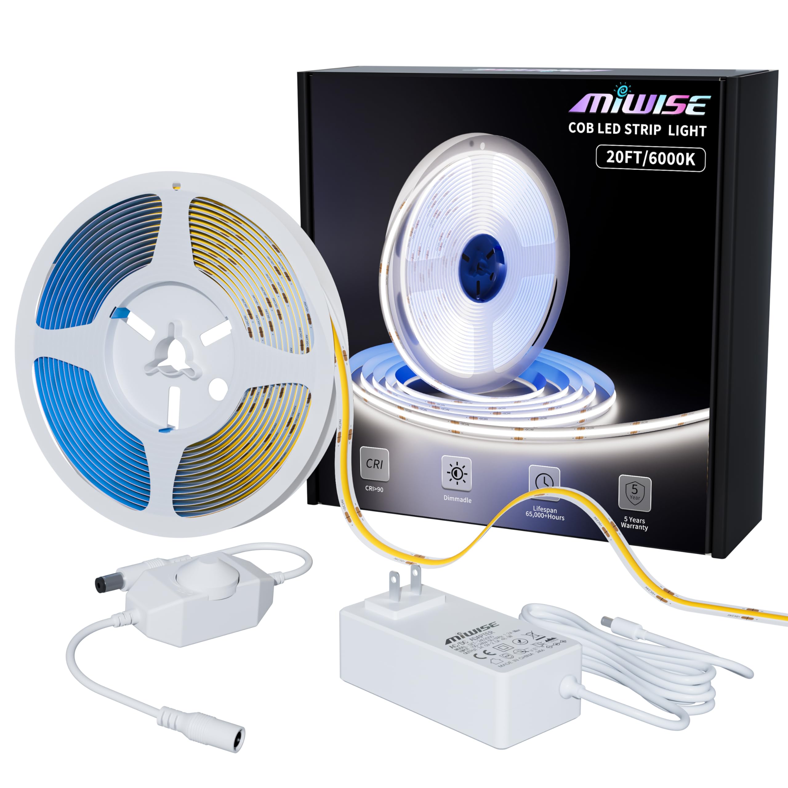 MIWISE COB - Tira de luz LED de 6,1 m, CRI 90+ luz de día cálida de 6000 K de alto lumen regulable, súper brillante, flexible, DC24 V con driver/regulador, para gabinetes, oficinas en casa, proyectos