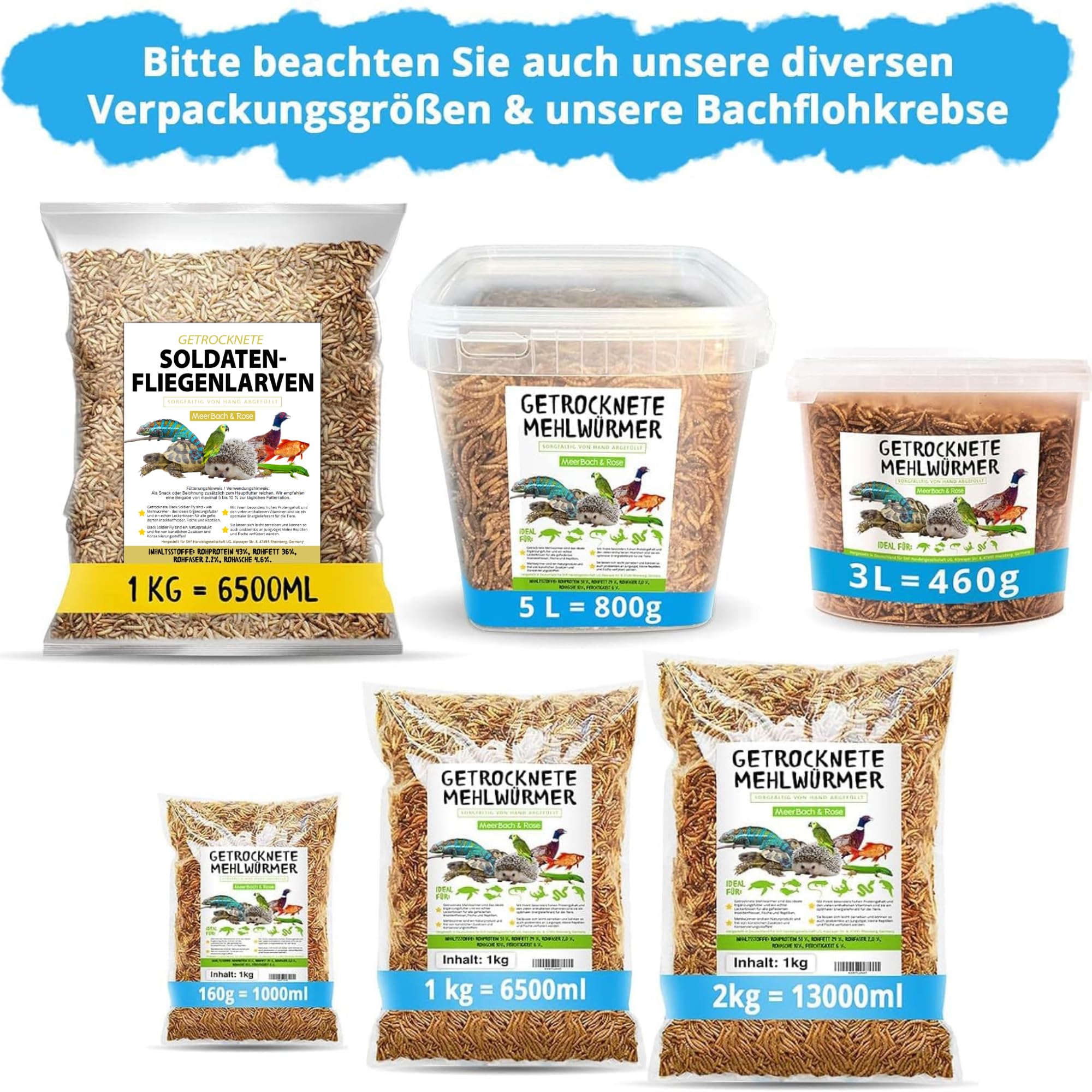 Soldatenfliegenlarven getrocknet 2kg (entspricht 13 Litern) PROTEINREICH | Ganzjähriger Insektensnack für Vögel, Fische, Schildkröten + Reptilien. MEERBACH & ROSE – Premium Qualität aus Deutschland