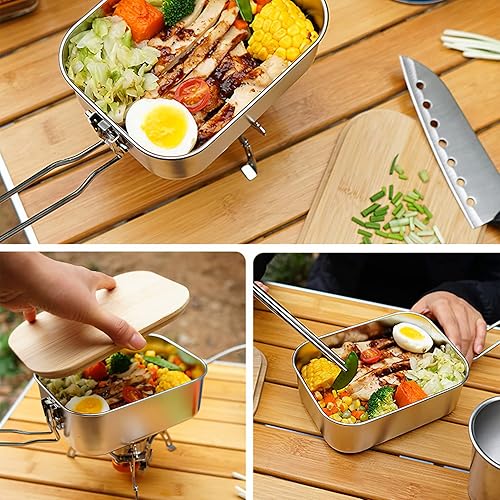 Miniatura 3 de VALINK Caja de almuerzo, caja Bento de acero inoxidable con asa plegable, recipientes de alimentos con tapa de bambú para acampar al aire libre,