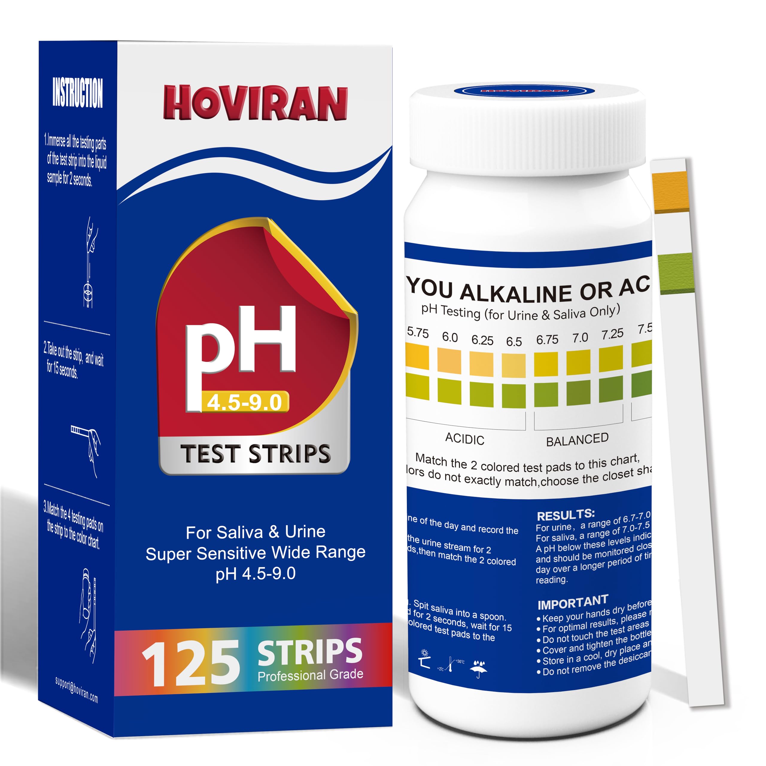 pH Test Strips for Saliva & Urine, 125 Urine Test Strips for Tracking Alkaline & Acid Levels in Body, Monitor Your pH Level from 4.5-9.0