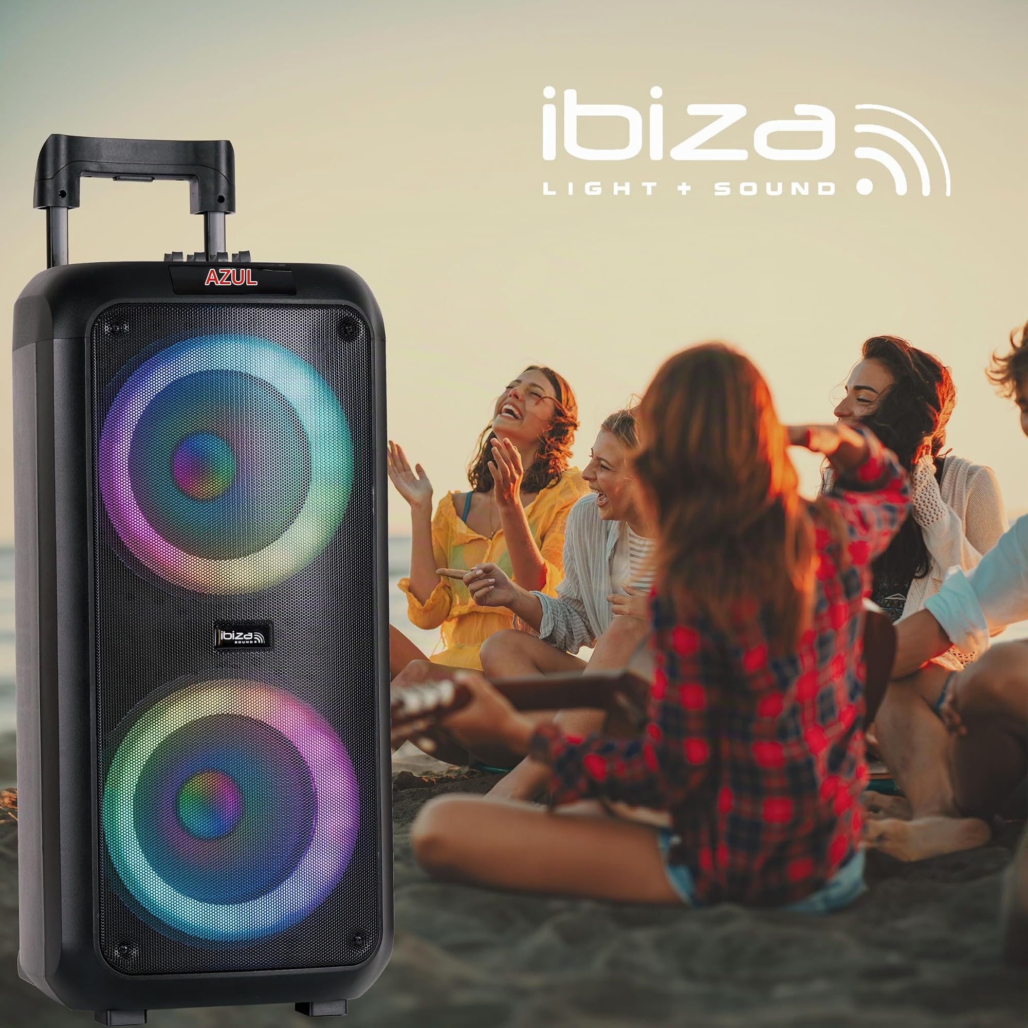 Ibiza - VENUS600 - Alatavoz portátil a Pilas 2x8/20 cm, 600W con Efecto de luz en el Panel Frontal y micrófono con Cable - Bluetooth, USB, microSD, AUX y Mic - Negro