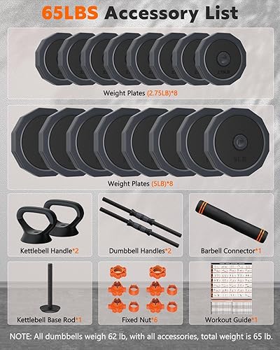 Miniatura 6 de Juego de mancuernas ajustables, 456585 libras, juego de pesas libres con conector, juego de mancuernas 4 en 1 para entrenamiento en casa y gimnasio