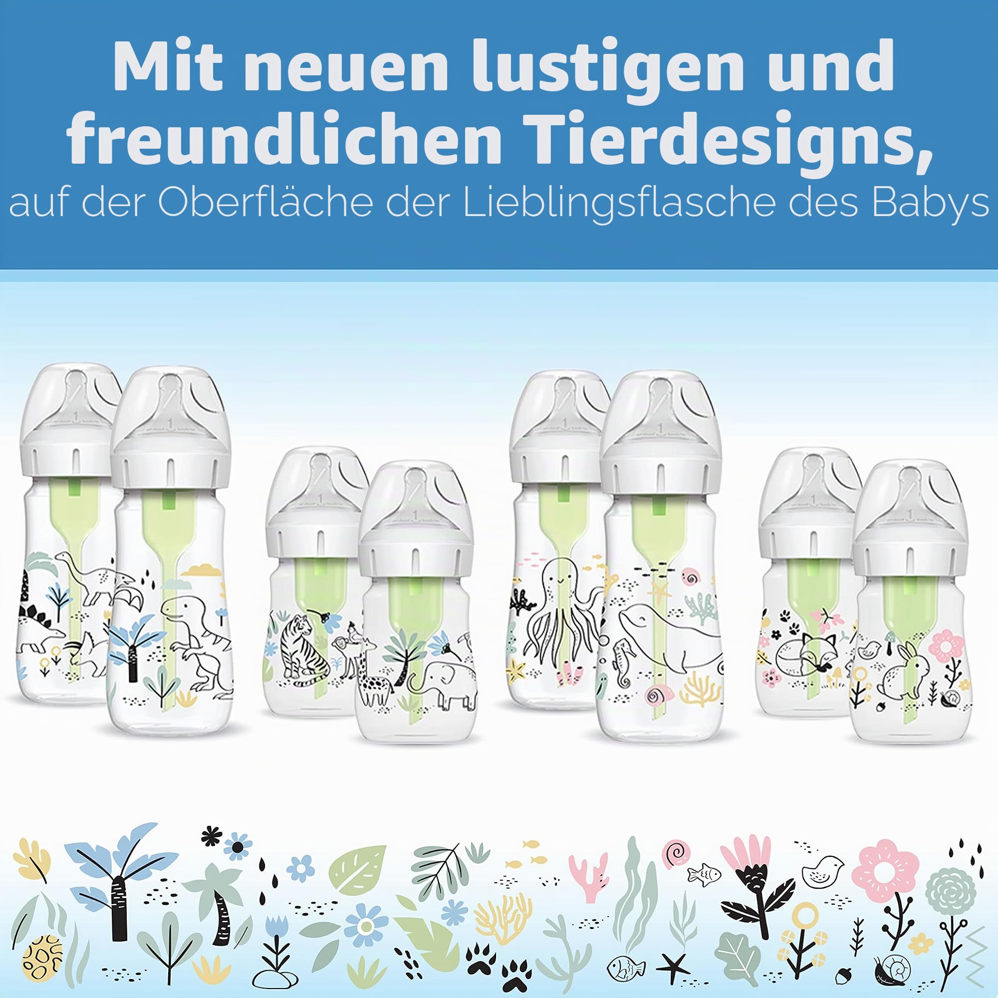 Dr. Brown's Natural Flow® Anti-Colic Options+™ Weithals-Babyflasche, Designer-Edition-Flaschen, Dino Decos, 270 ml, Level 1 Nippel, 2er-Pack, ab 0 Monaten