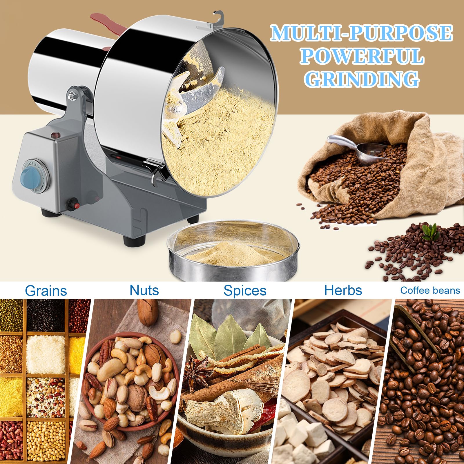 Grain Mill Grinder, Electric Grain Mill, 2500g Commercial Electric Grain Mill Grinder Spice Grinder Flour Mill, Stainless Steel Powder Pulverizer Grinding Machine for Nut Wheat Corn