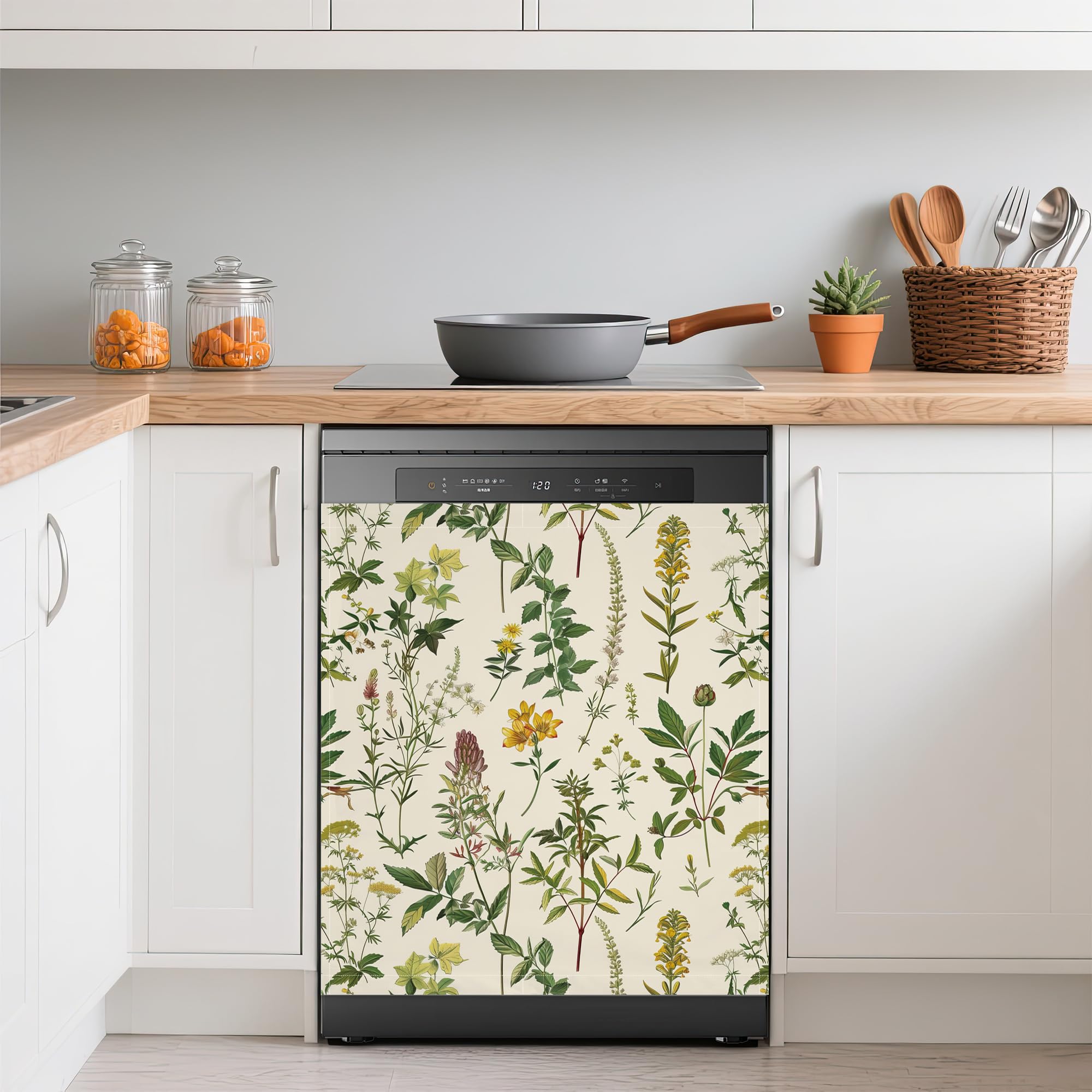 Green Herb Leaves Dishwasher Covers for The Front Magnetic,Spring Wildflowers Refrigerator Magnets Decoration,Reusable Dishwasher Cover Panel for Home Kitchen Decor 23x26 Inch