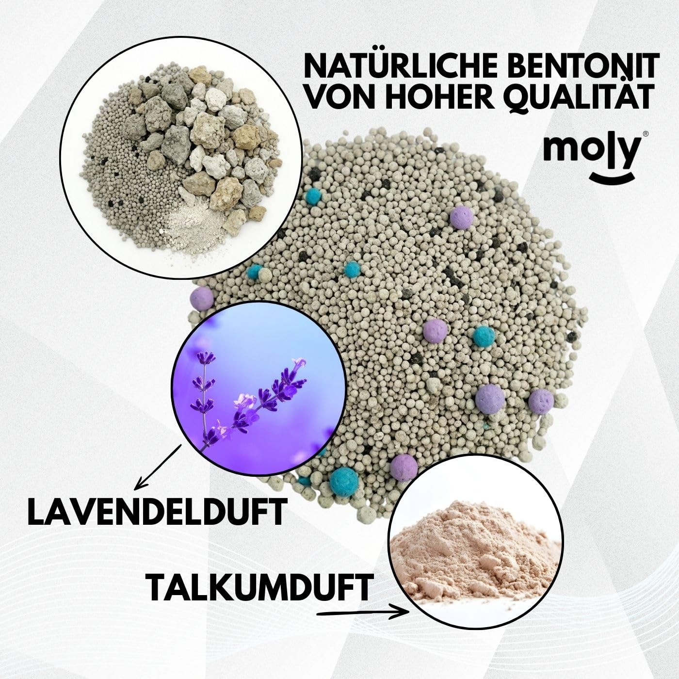 MOLY X3 Bentonit-Katzenstreu mit Aktivkohle, 8,4 kg, 11,1 l, hohe Absorption, Bindemittel mit Lavendel- und Talkum-Duft, vollständige Geruchskontrolle, staubfrei, hygienisches Premiummineralbett