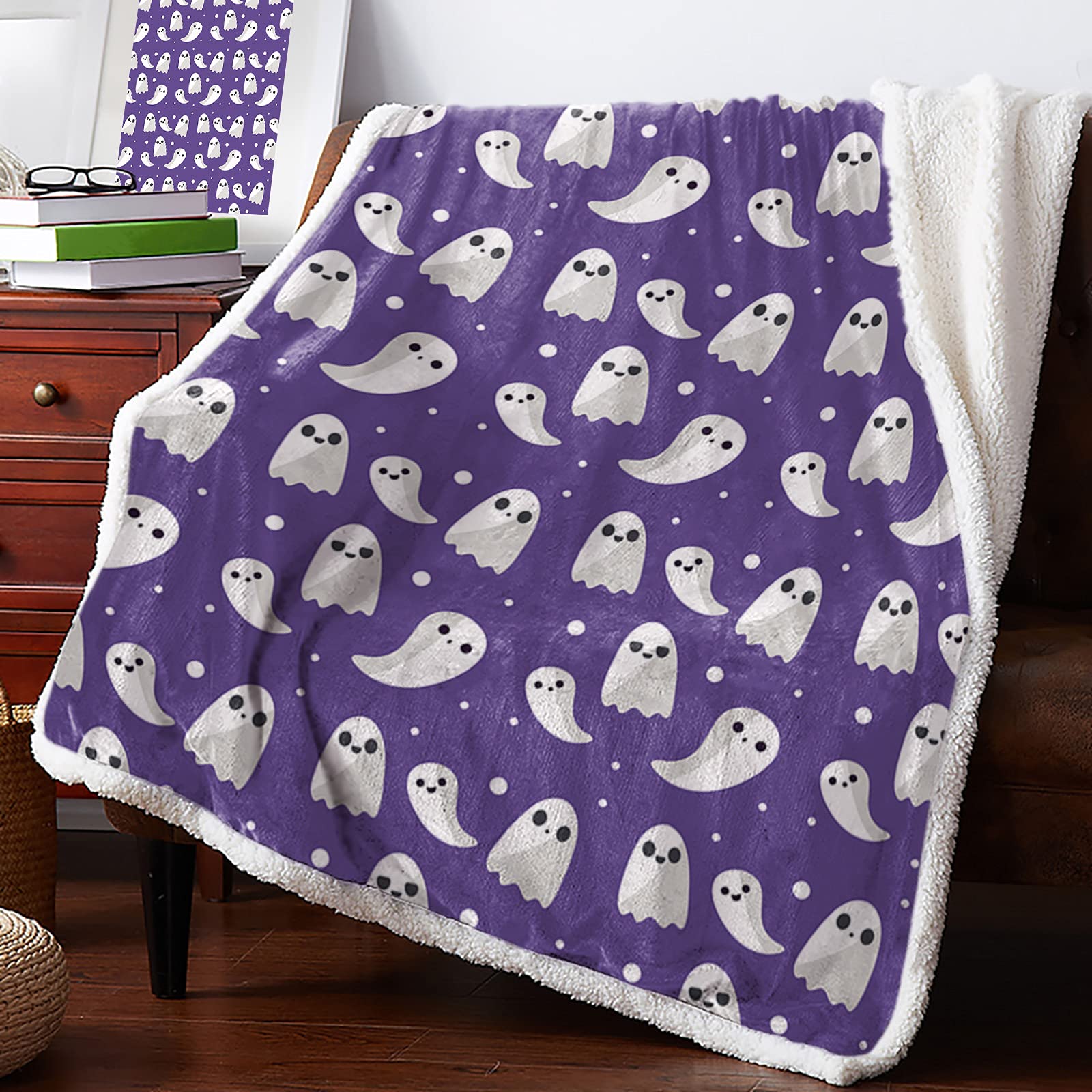 MuswannaA Sherpa Fleece Throw Blanket Happy Halloween Ghost Purple and White Super Soft Fuzzy Fluffy Blanket Reversible Microfiber Blanket for Couch Bed Sofa- 39 x 49 Inch - 40x50 inch