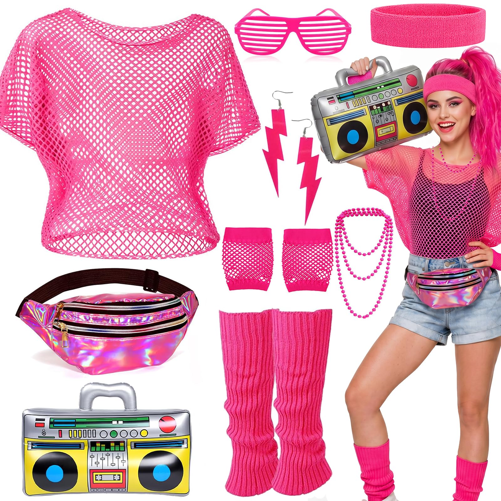 9Pcs 80s Costume Accessories Set for Women, 1980s Fancy Dress Outfit