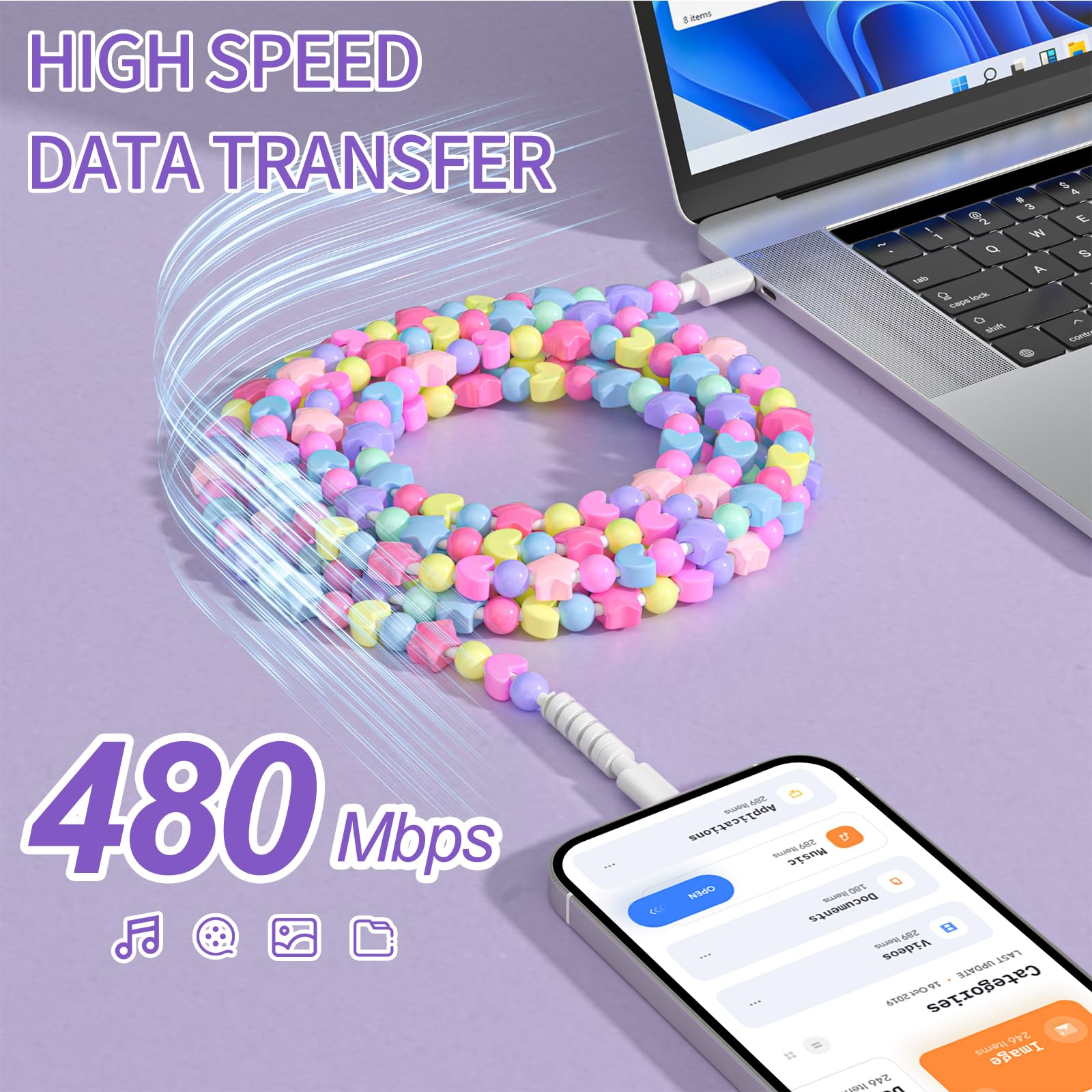 VOFUOE USB C Ladekabel für iPhone 17 Sternperlen Ladekabel Extra Lang USB A auf Typ C Schnellladung für Mädchen Frauen iPhone 16/15 Galaxy S25 für iPad A16