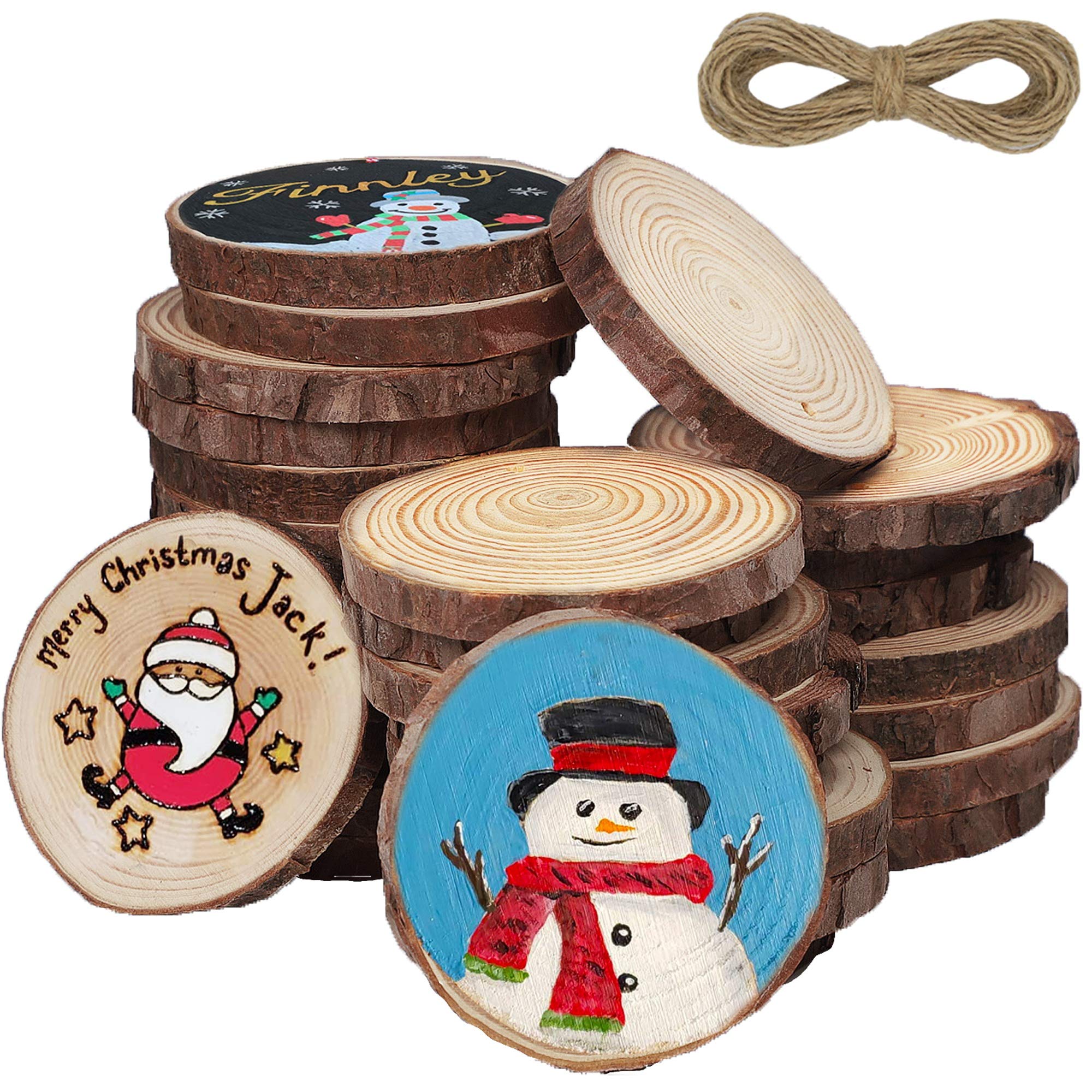 ATDAWNNatural Wood Slices with Holes, 30 Pcs 2.8-3.1 Inches Unfinished Wooden Circles, Craft Wood kit, Christmas Ornaments DIY Crafts