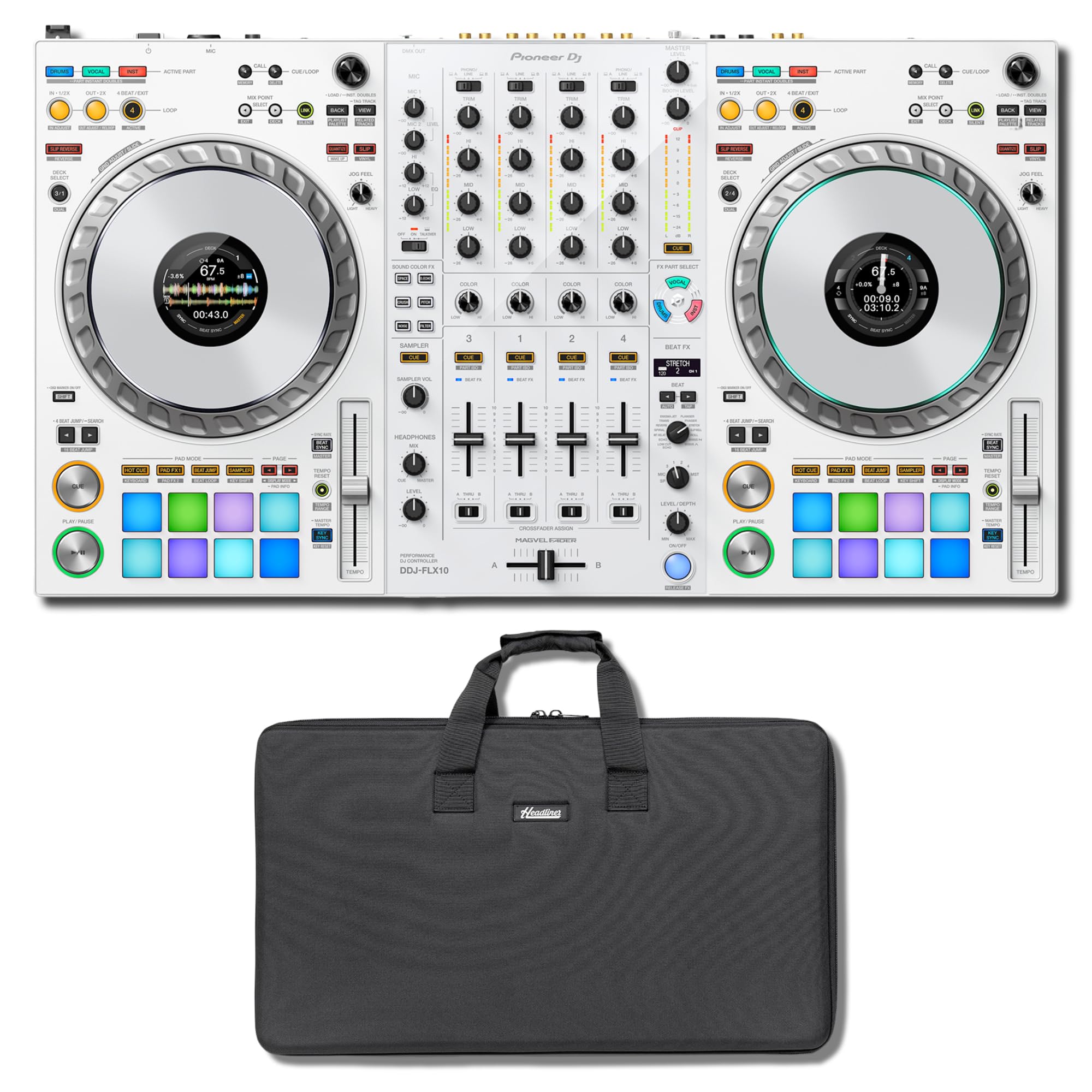 Pioneer DDJ-FLX10-W 4-Channel DJ Controller Bundle with Headliner HL12007 Pro-Fit Carry Case — STEMS Track Separation, DMX Lighting, Dual USB-C, rekordbox and Serato