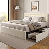Queen Bed Frame with 4 Storage Drawers and Adjustable Headboard, Upholstered Platform LED Bed with Type-C&USB Ports, Solid Wooden Slats Support, No Box Spring Needed, Easy Assembly, Beige